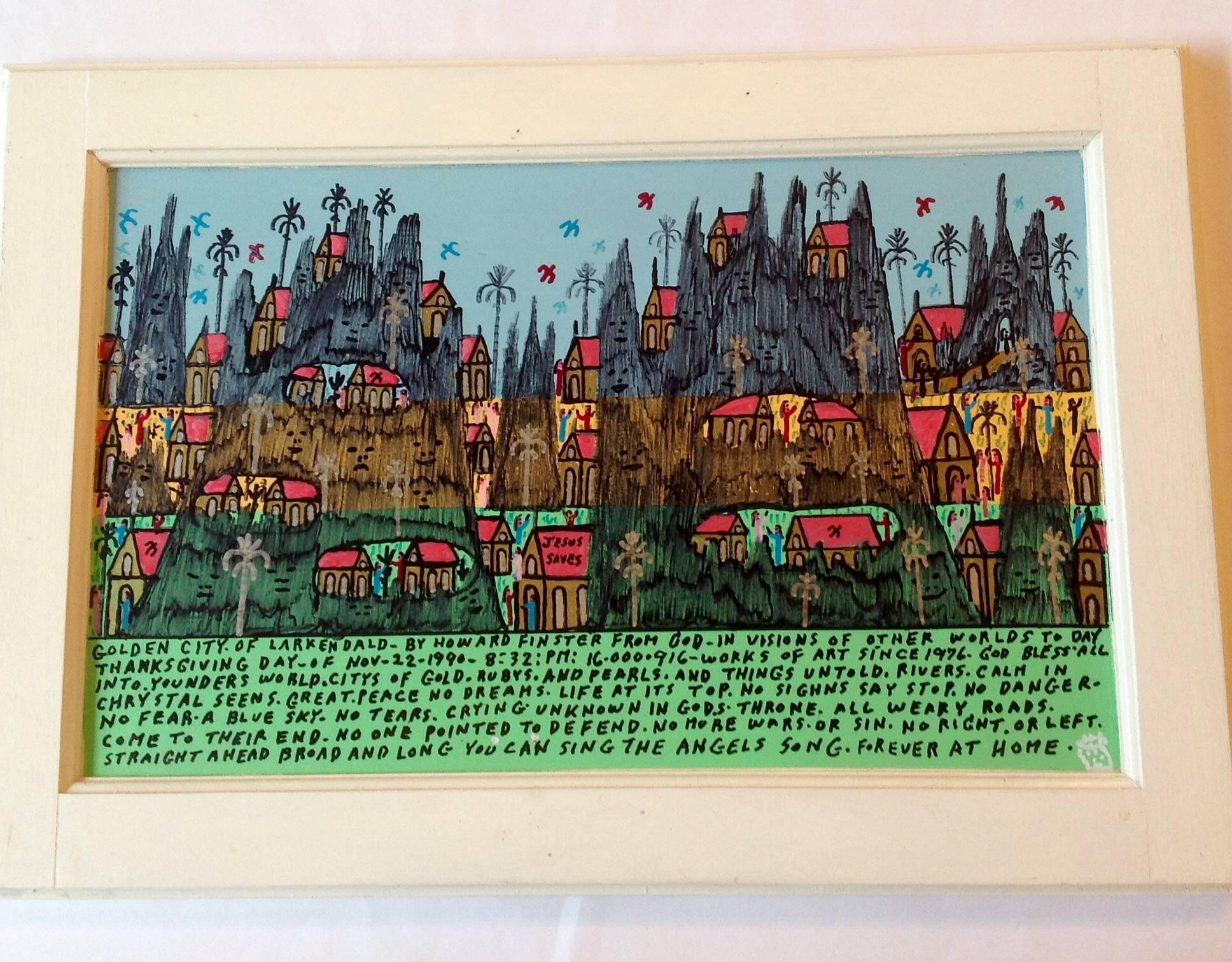 Dual-sided oil on wood panel by Reverend Howard Finster. Signature on the verso. The title reads: Golden City of Larken Dald by Howard Finster from God in visions of other worlds today Thanksgiving day, November 22, 1990 8:32 PM.
Archive.