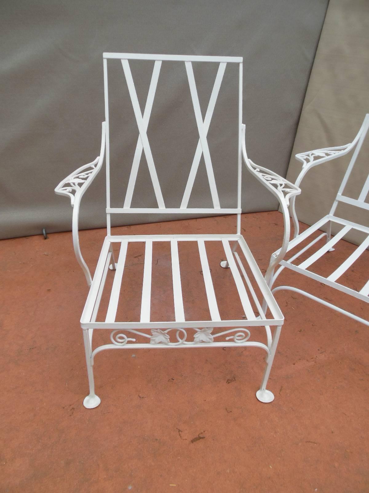 A Salterini two-piece wrought iron patio set in the desirable Mt Vernon pattern.
Being offered here is the Mt Vernon hard to find 74 inch sofa along with one matching club chair with the Mt Vernon leaf on the arms. However, there are 
more Mt