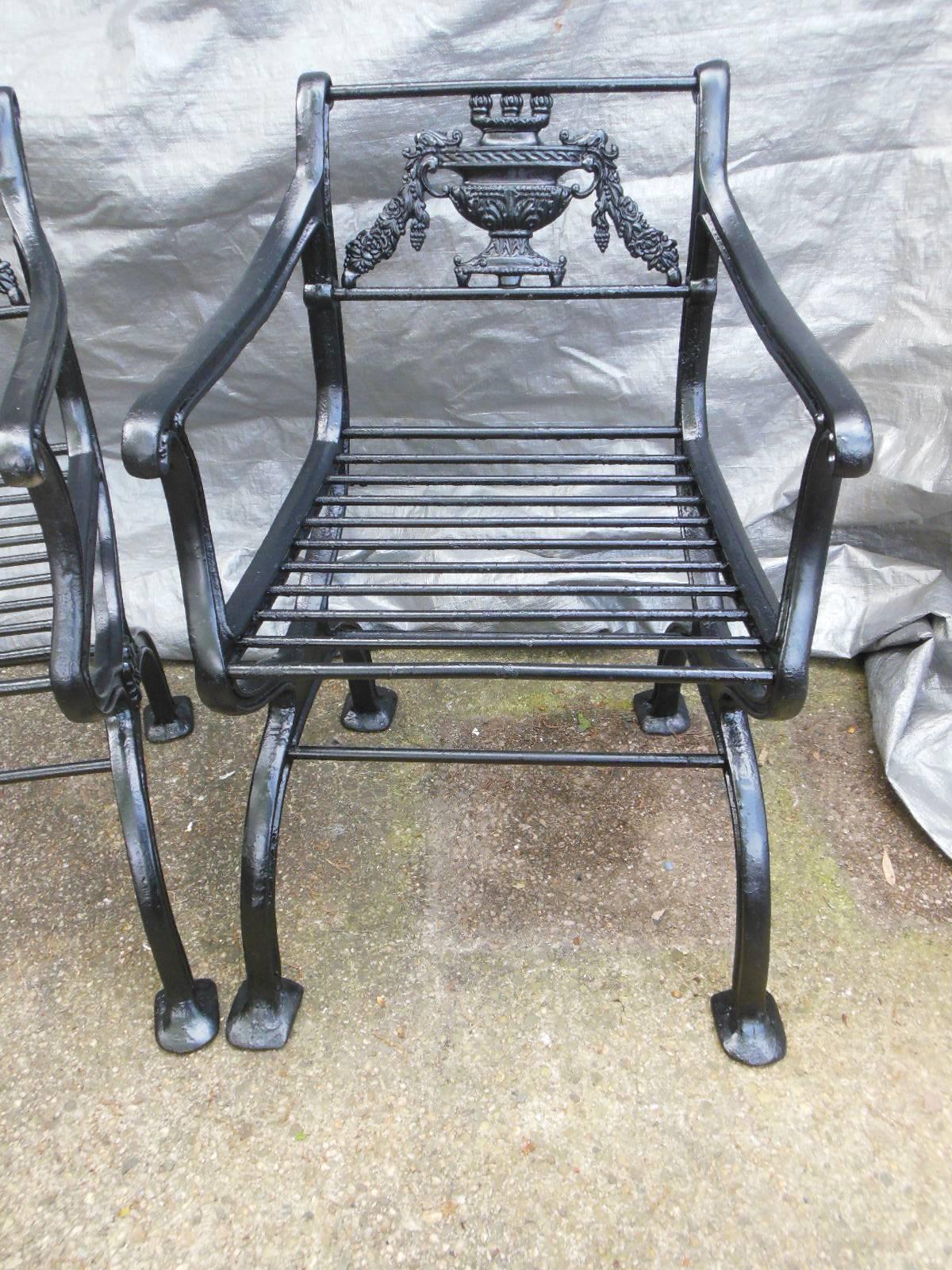 American Antique Cast Iron Regency Garden Set, Bench and Chairs