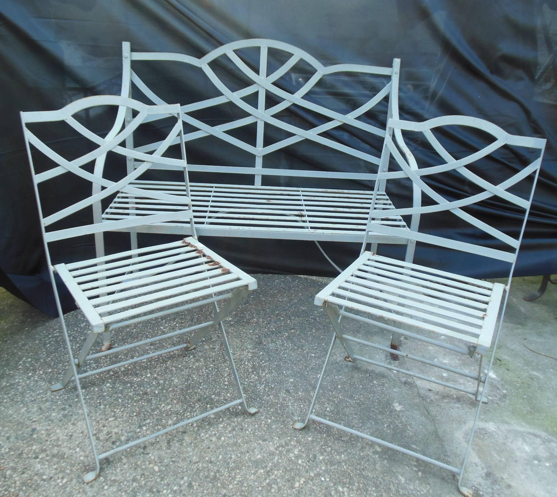 Bistro Style Folding Patio Seven-Piece Wrought Iron Set In Good Condition In Long Island, NY