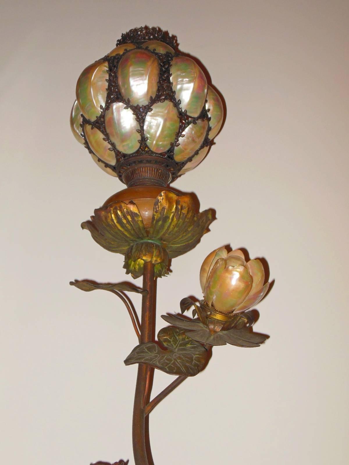 Vienna Austrian Bronze Figural Floor Lamp with Abalone Shells In Excellent Condition For Sale In Long Island, NY