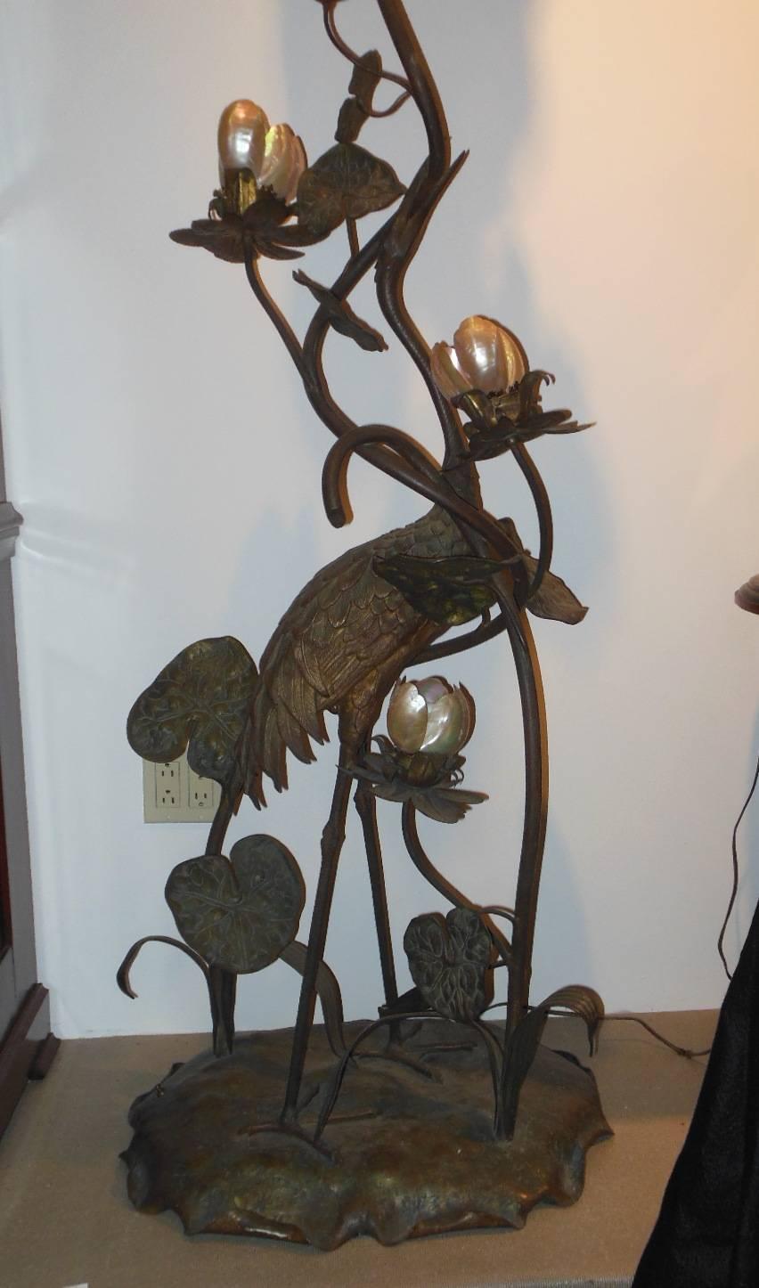 Late 19th Century Vienna Austrian Bronze Figural Floor Lamp with Abalone Shells For Sale