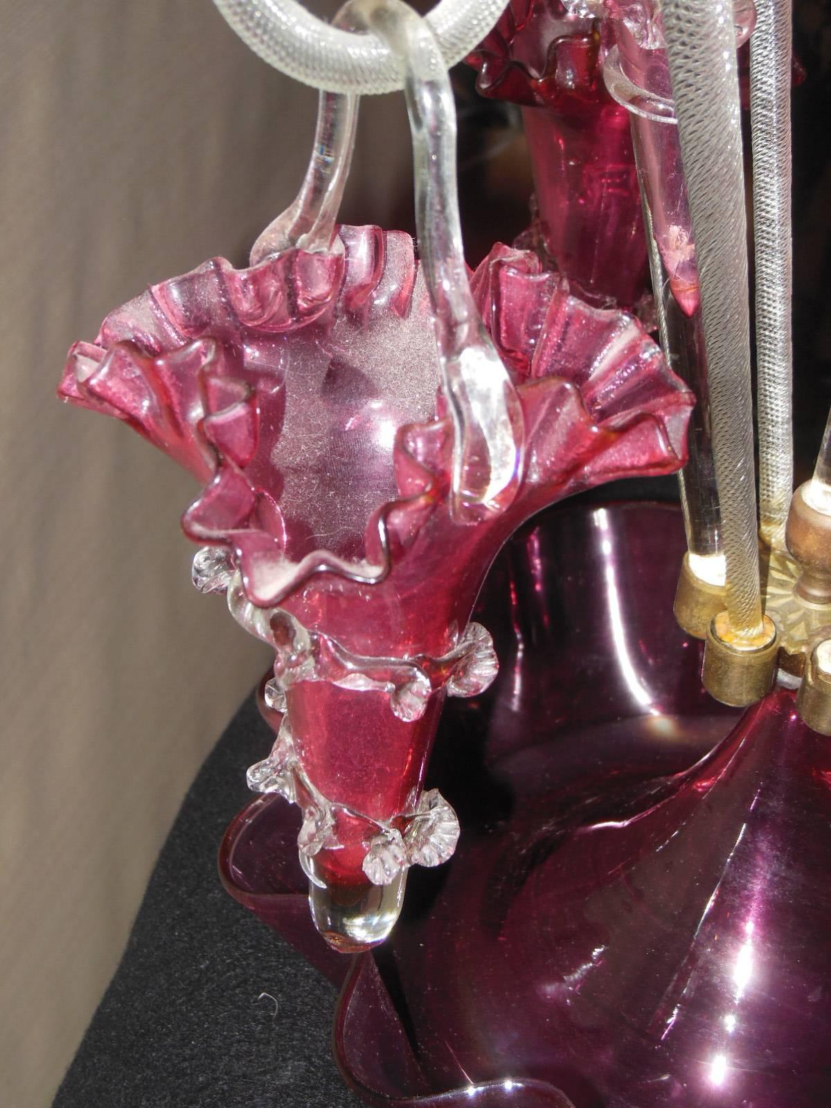 English Victorian Cranberry Glass Epergne For Sale