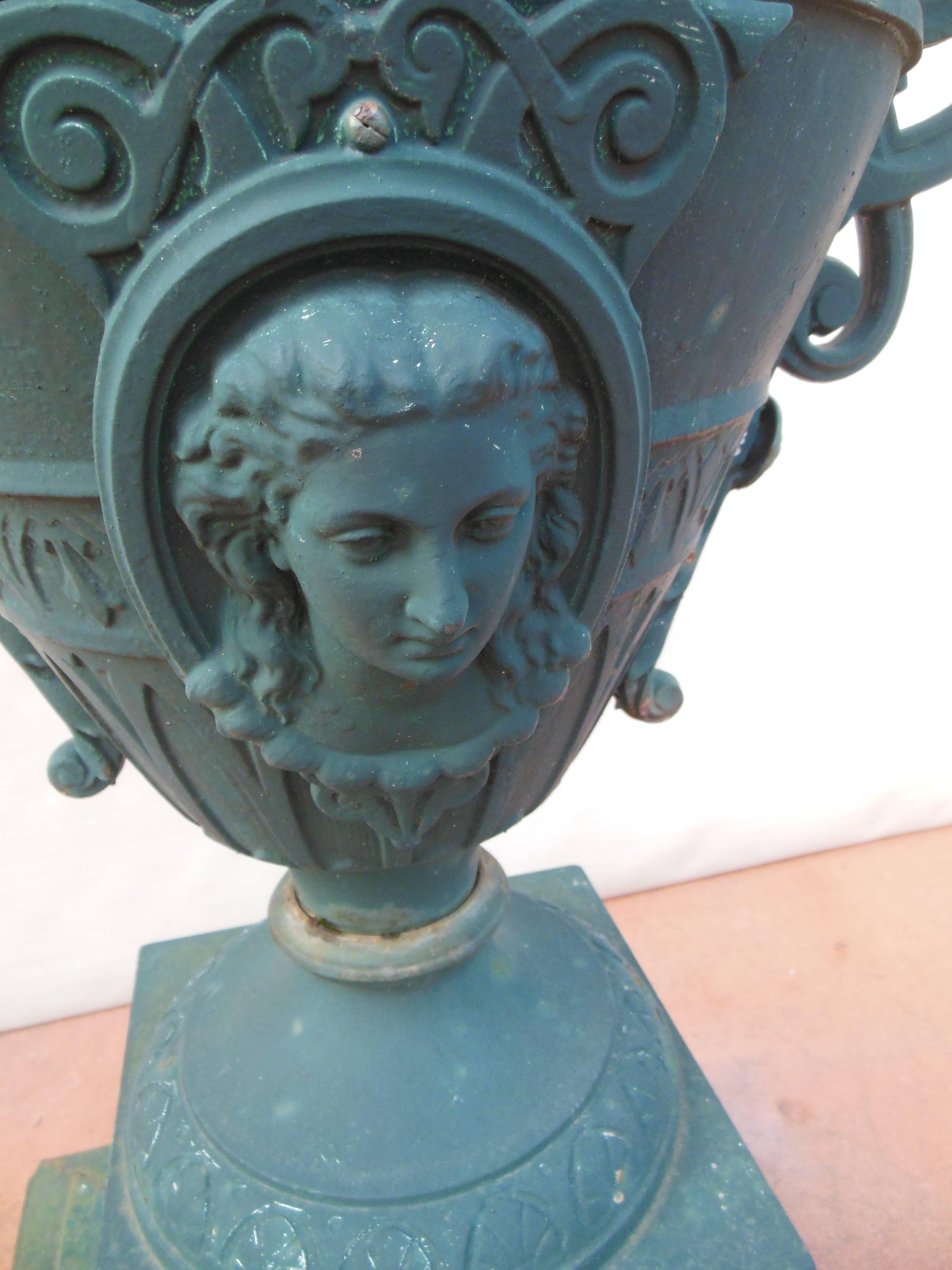 Renaissance Revival Garden Urn Cast Iron with Ladies Head