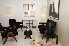 Antique Pierre Jeanneret v-leg sofa set with 2 armchairs in black hide