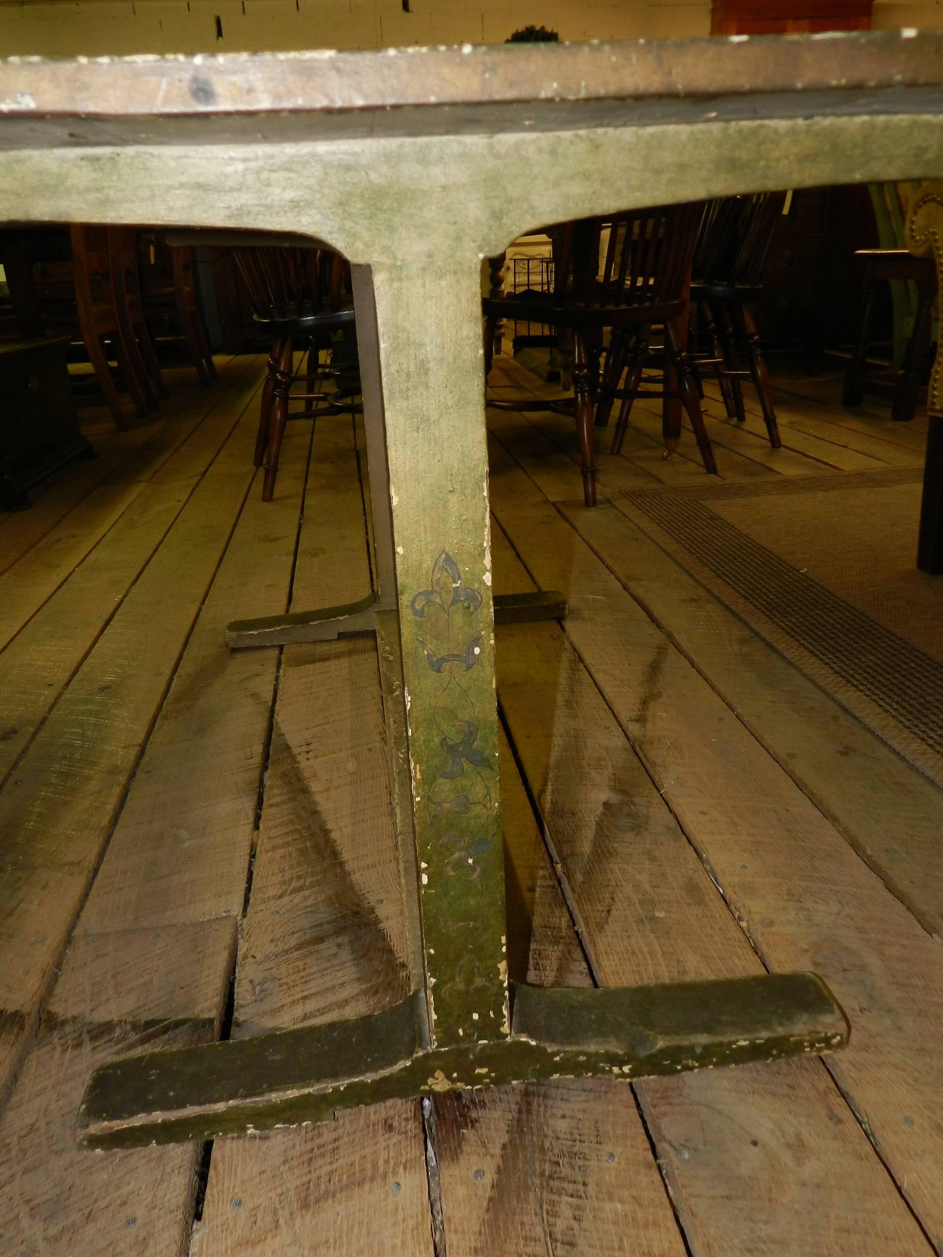 Scandinavian antique pine trestle side table with original paint.