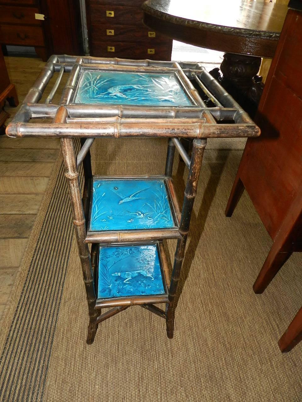 Antique bamboo stand with 3 original Minton tiles (ca 1880) depicting dogs and birds