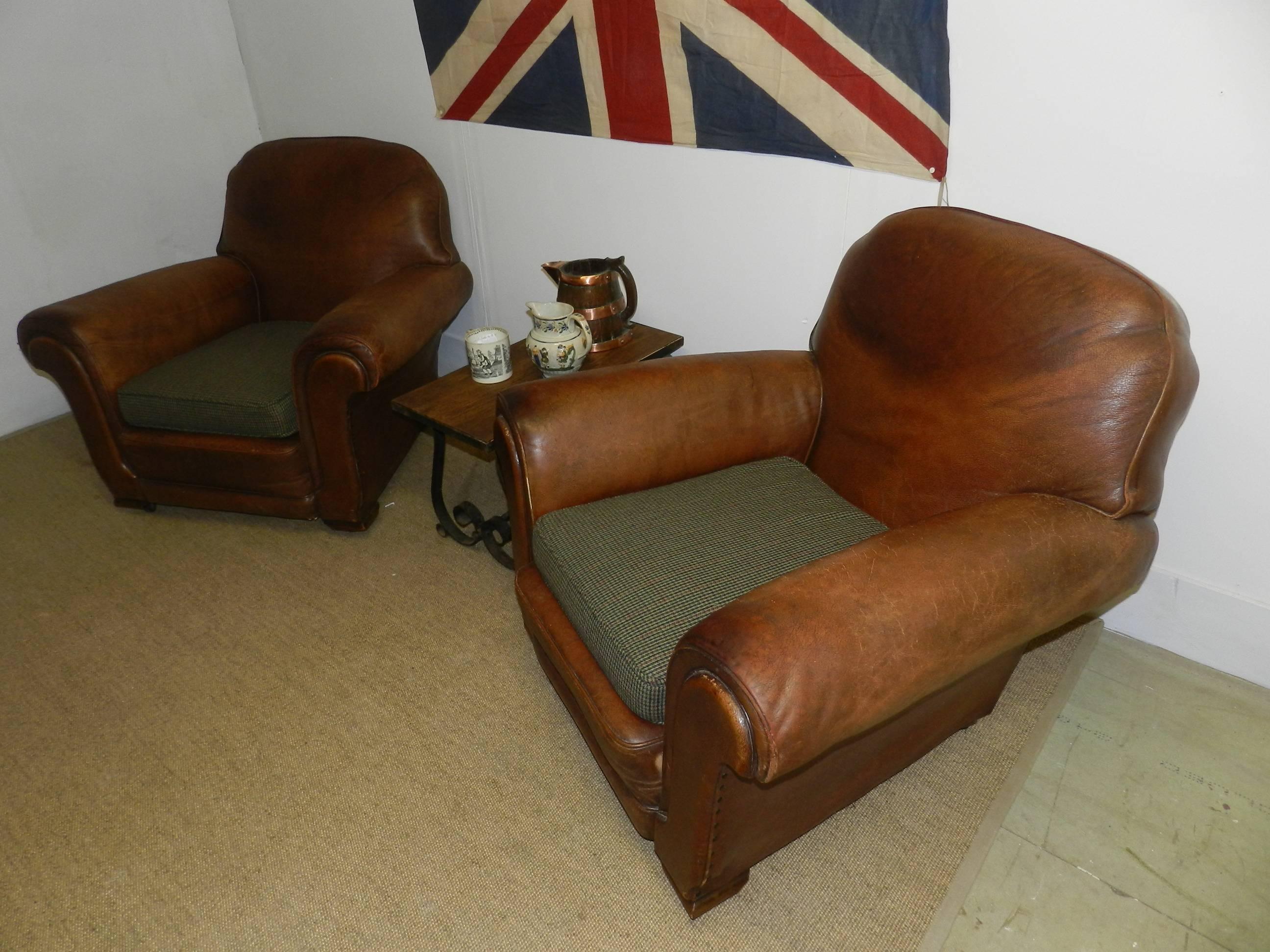 Hand-Crafted Pair of Leather Club Chairs