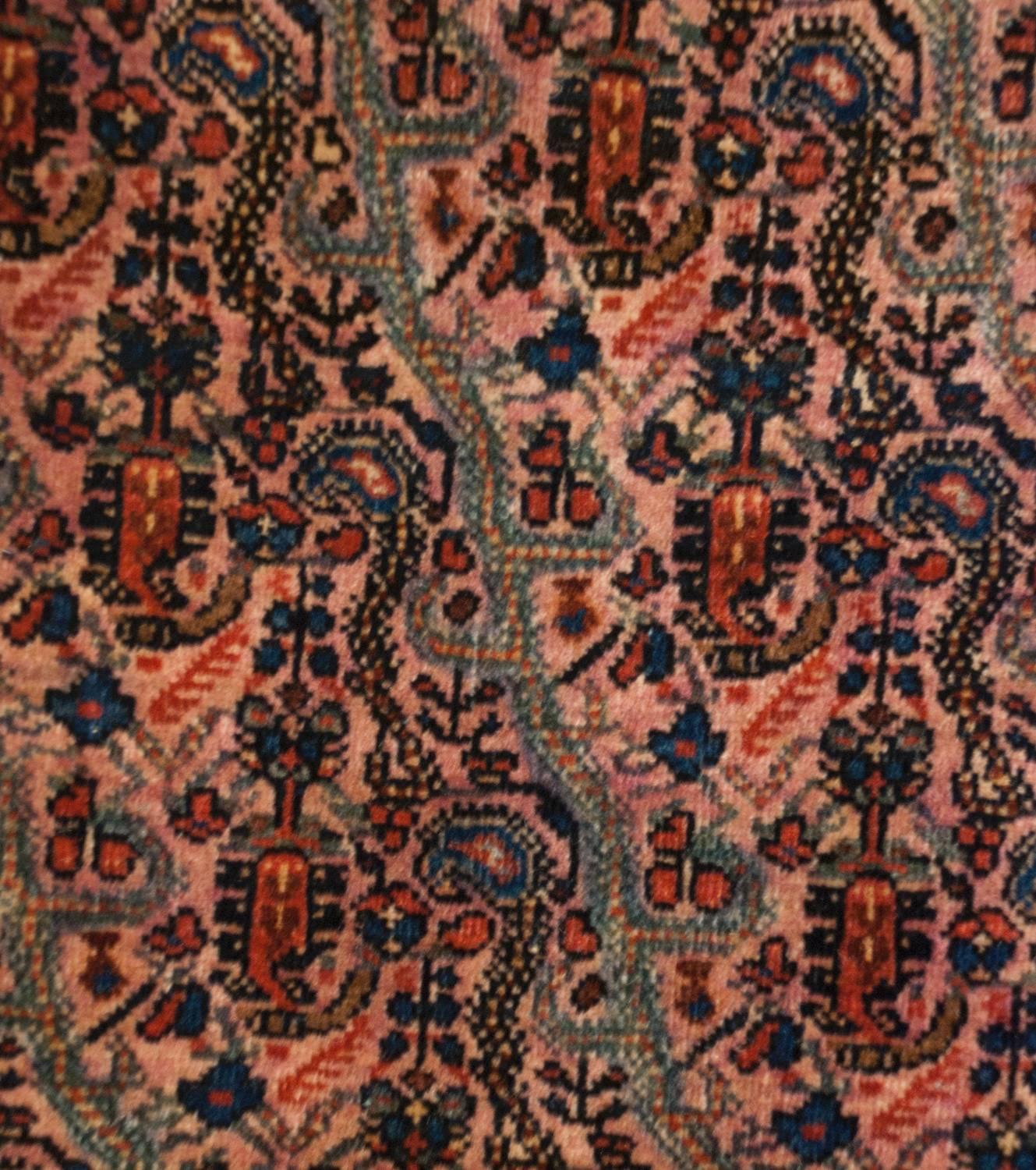 An unusual and extraordinary 19th century Persian Sarouk Farahan rug with an incredible central field woven with a multicolored paisley pattern amidst a field of scrolling and flowering vines on a pale pink background. The four corners of the field
