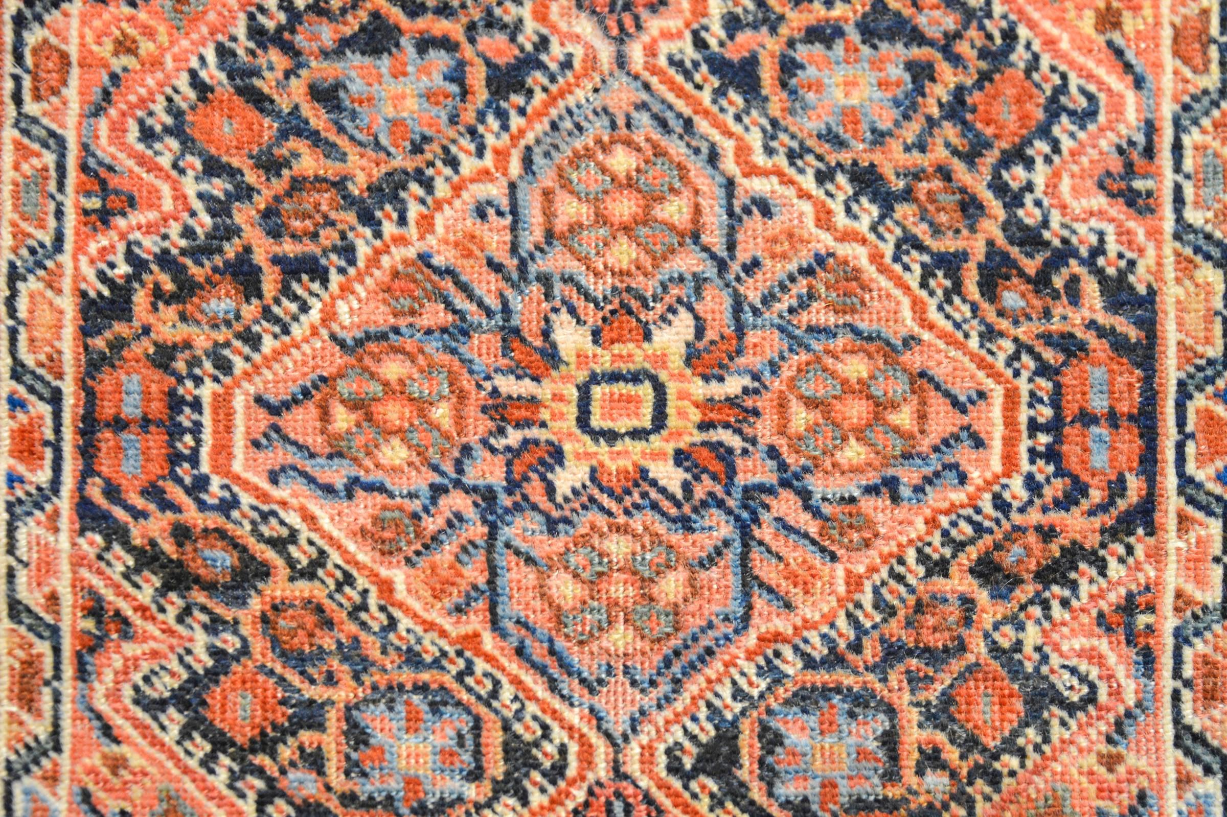 A rare late 19th century Persian Sarouk Farahan sample showing the extraordinary rendering and technical skills of the weaver. The patterns are traditional, with expertly styled floral and vine patterns. The border is complementary with similar