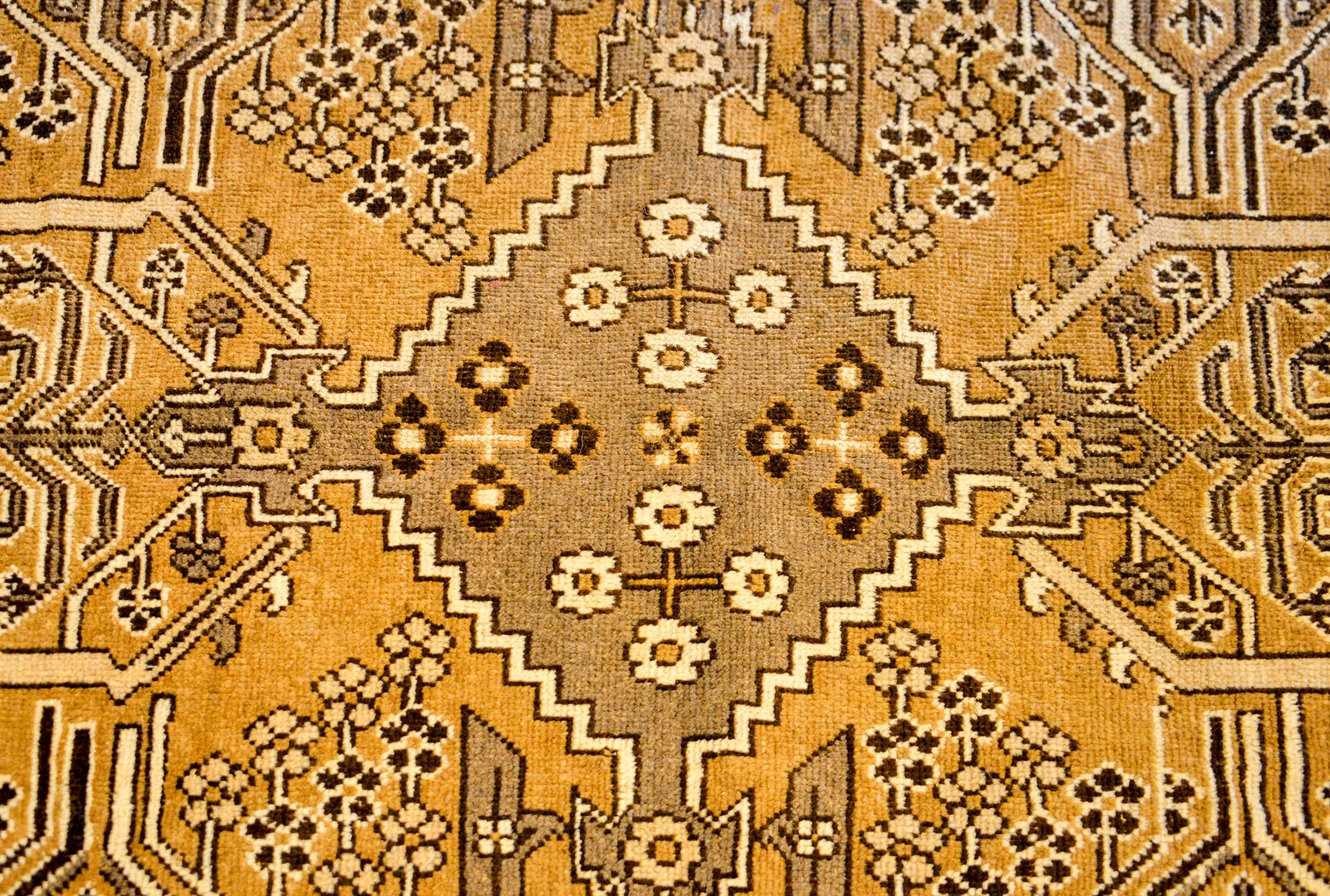 A wonderful Early-20th century Persian Bakhtiari rug with a wonderful all-natural, undyed, wool color palette. The central field is mirrored, depicting multiple geometric patterns within diamond shapes, and a couple willow trees with other flowers