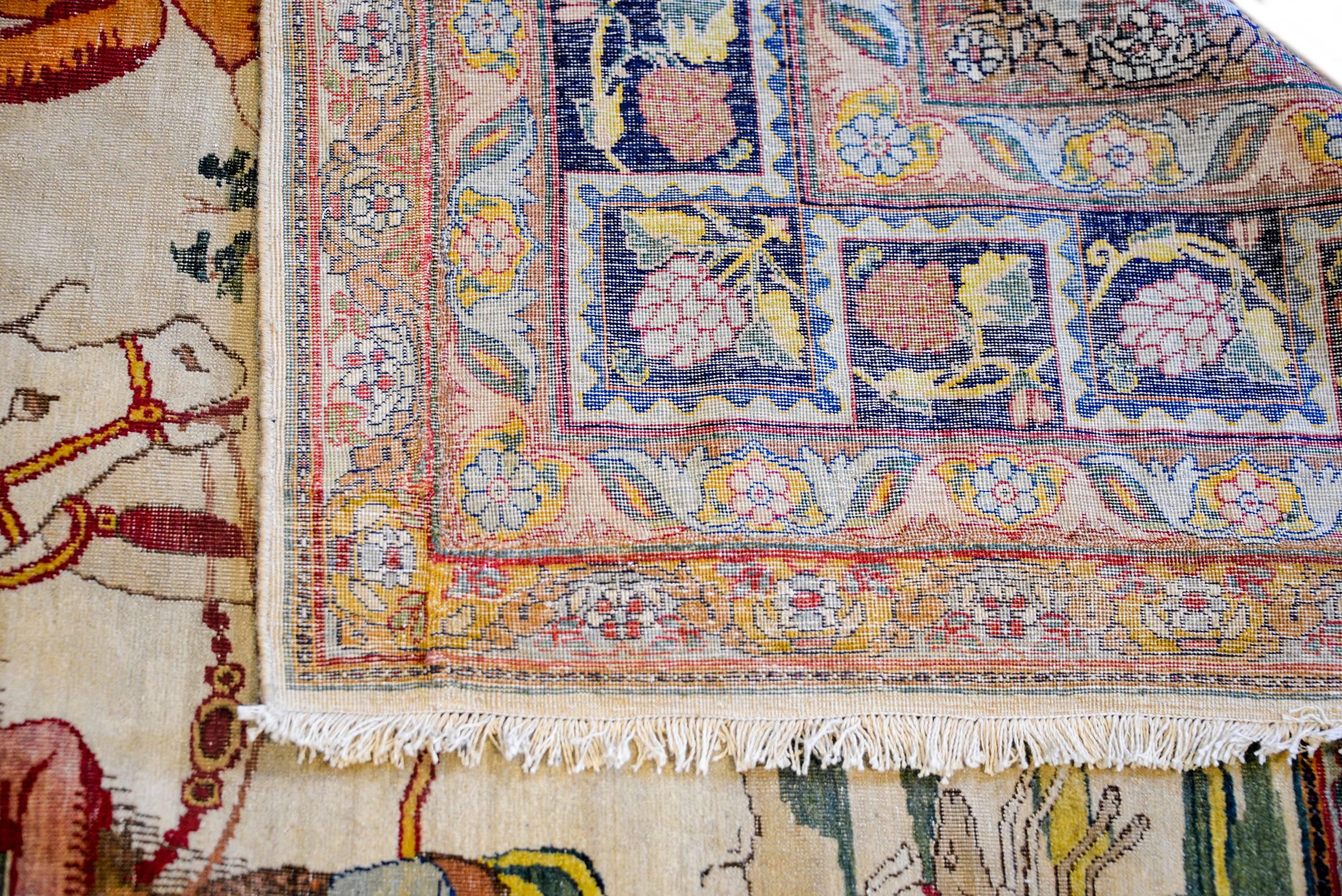 Asian 19th Century Lavar Rug Depicting Bahram Gur For Sale