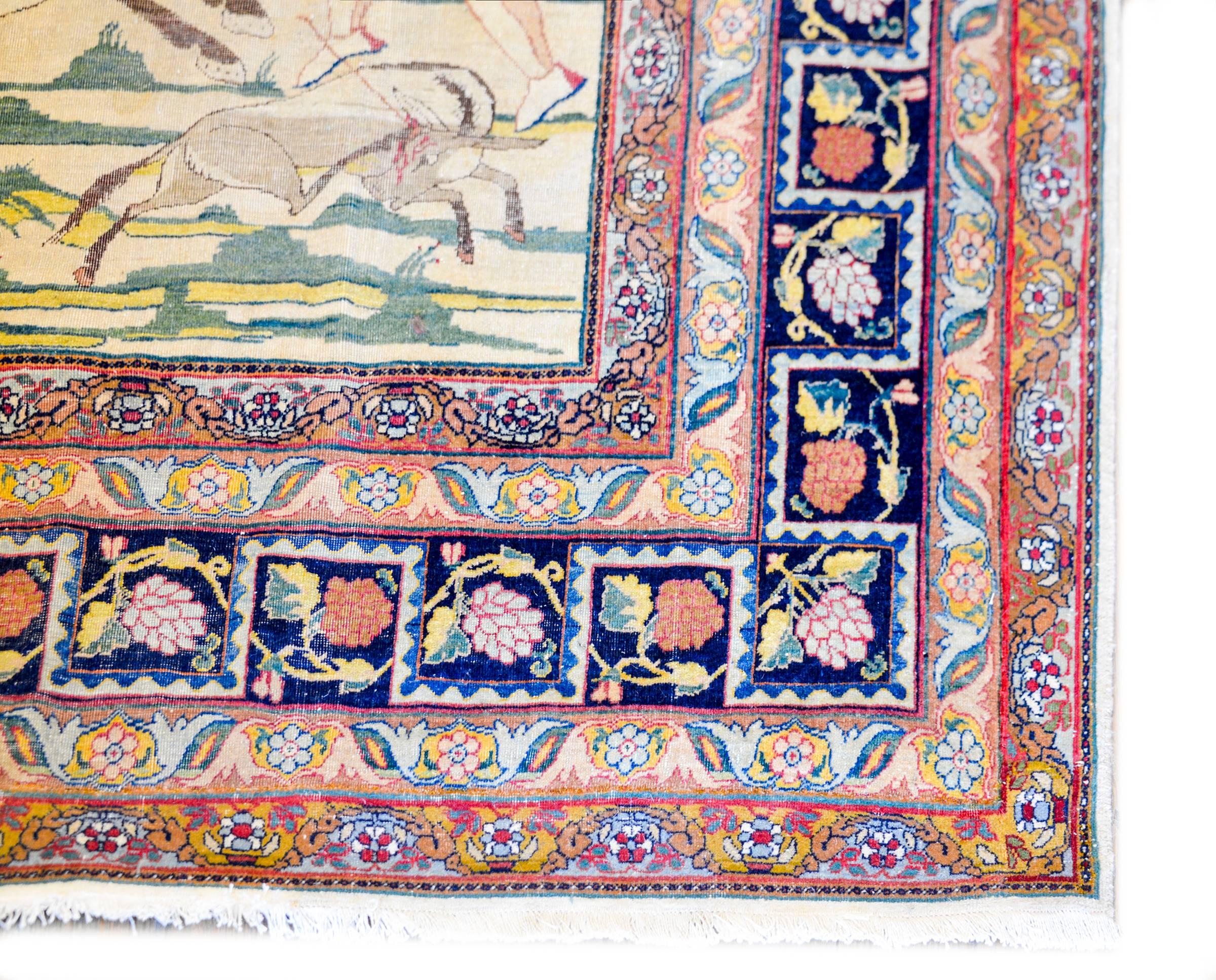 Kirman 19th Century Lavar Rug Depicting Bahram Gur For Sale
