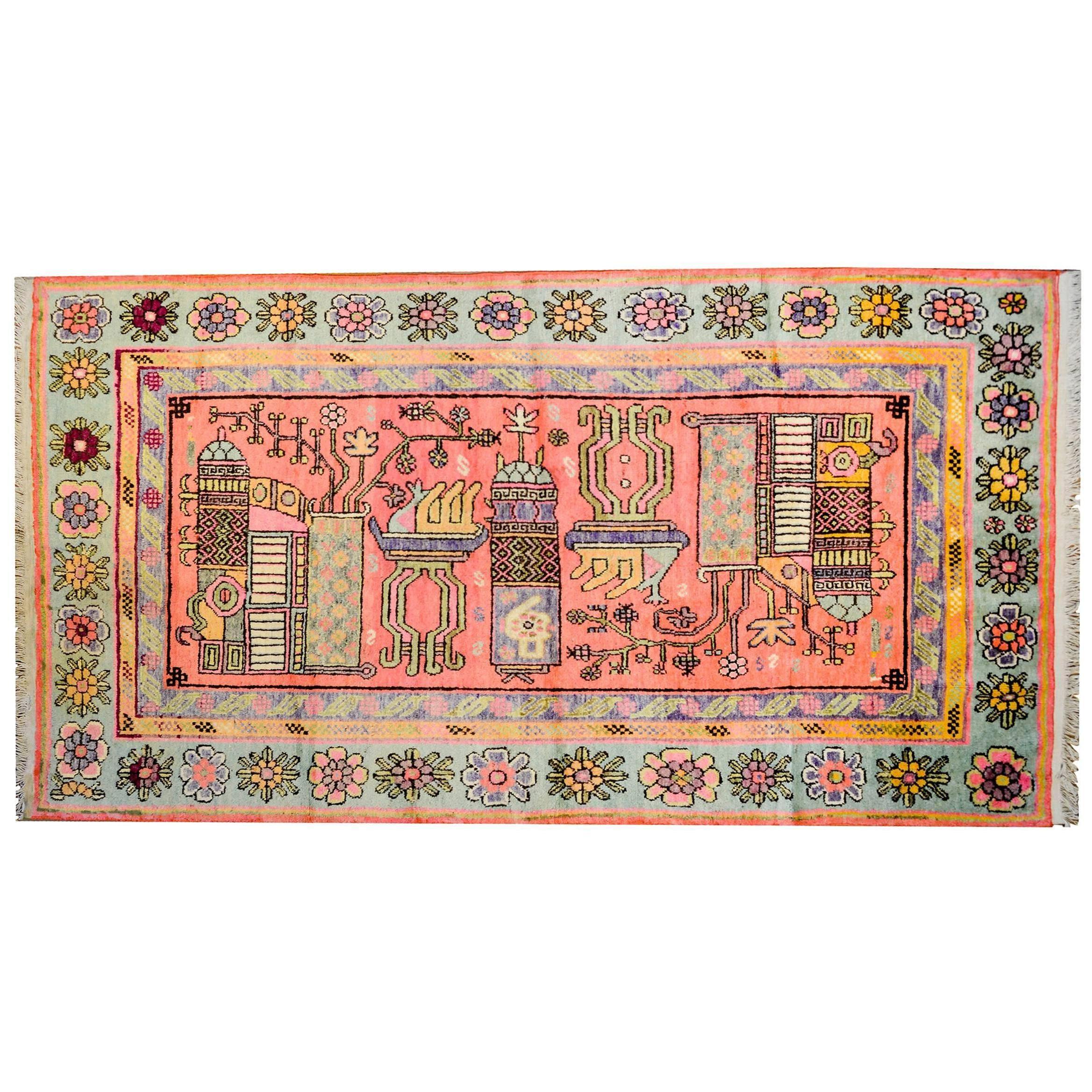 Magnifique tapis pictural Khotan du début du XXe siècle