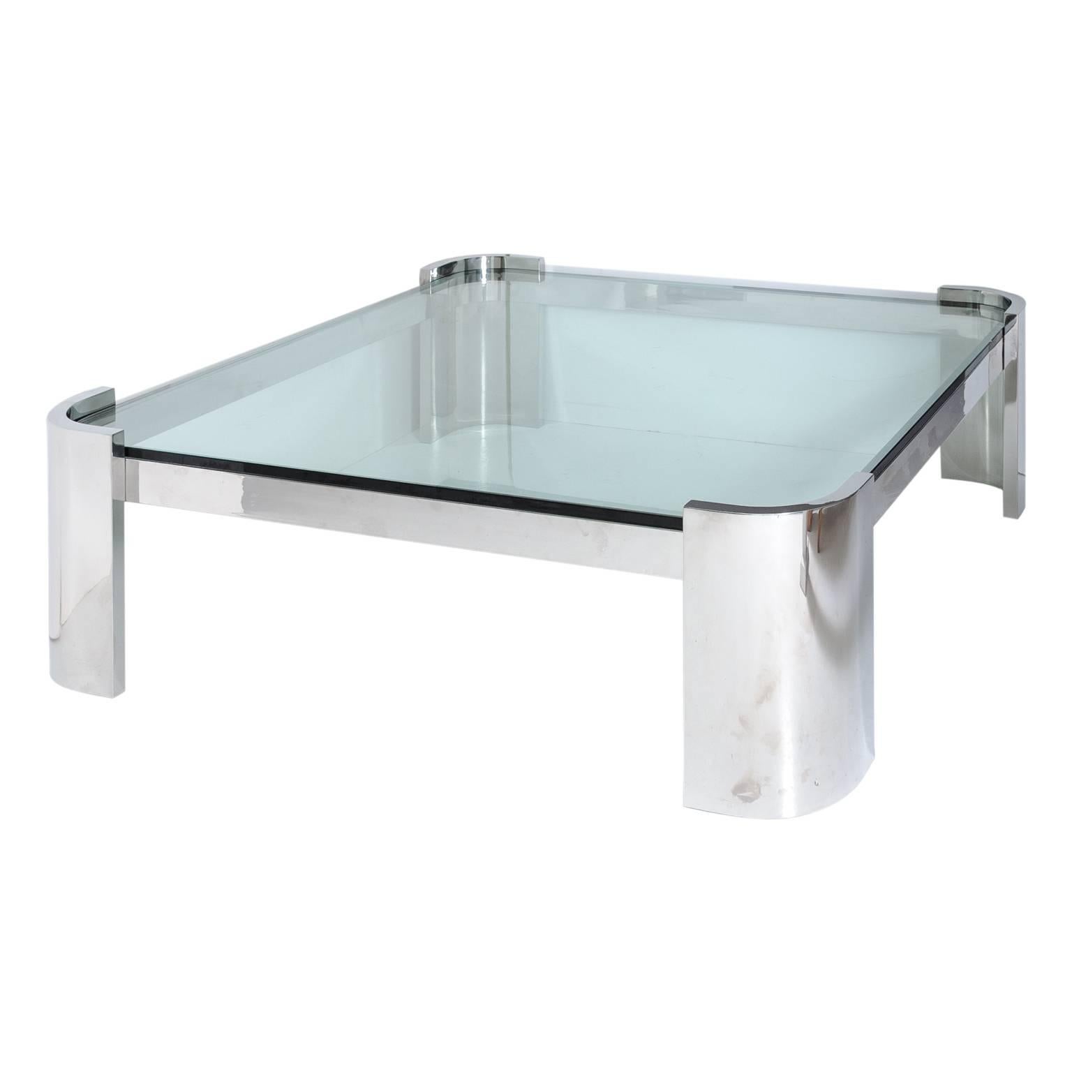 Polished Steel and Glass Square Cocktail Table, Pace Collection