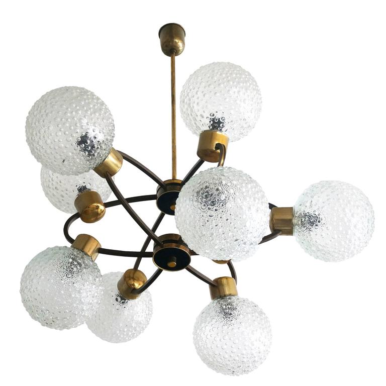 MidCentury Modern AtomicOrbital Chandelier, Antique Brass with Glass