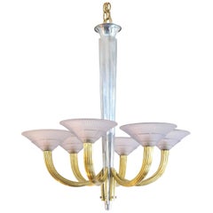 French Art Deco Six-Light Chandelier, Silver Plate, Brass & Violet Glass Shades