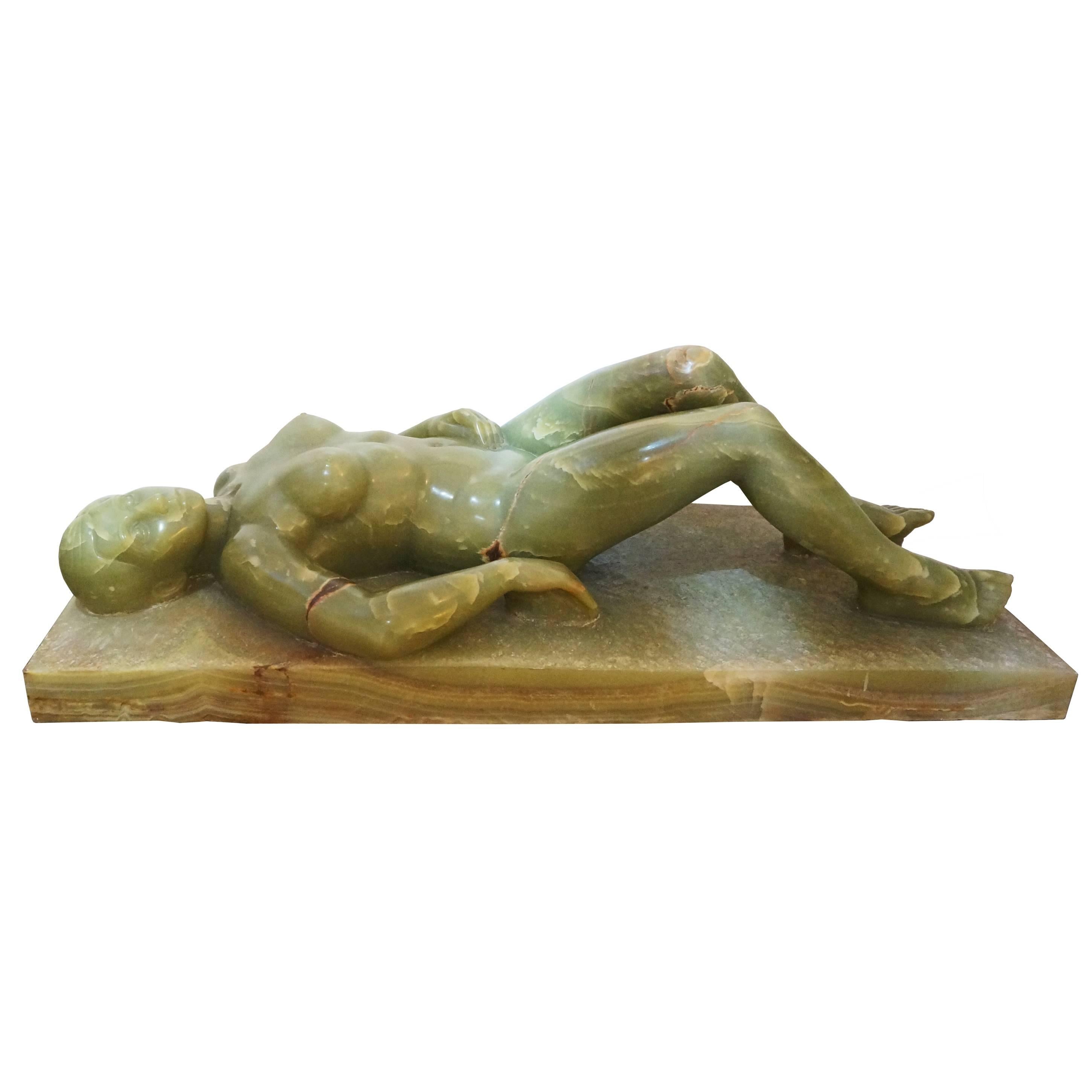 Large-Scale Onyx Sculpture of a Reclining Female Nude by Nuri Tortras