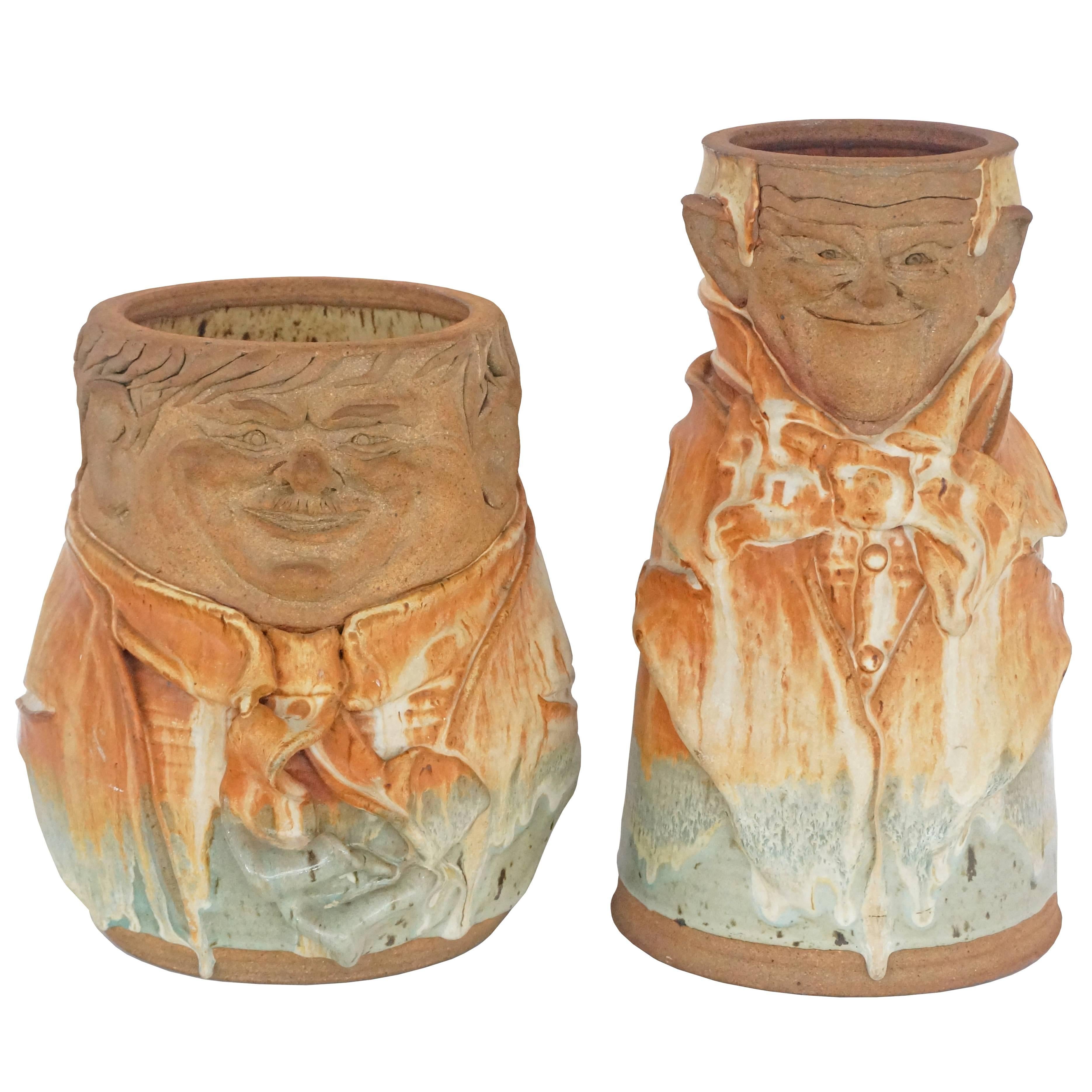 Set of Two Artisan Earthen-Ware "Laurel & Hardy" Vases For Sale