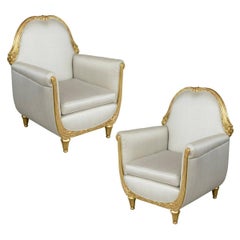 Antique Pair of Art Deco "En Bateau" Chairs Giltwood and Silk, Attributed to Paul Follot