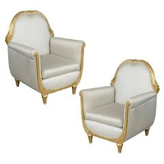 Pair of Art Deco "En Bateau" Chairs Giltwood and Silk, Attributed to Paul Follot 10