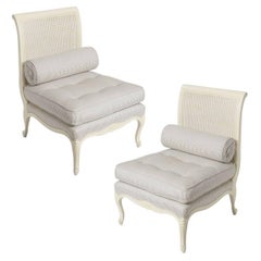 Antique Pair of Louis XV Style Painted White, Slipper Chairs Attributed to Maison Jansen
