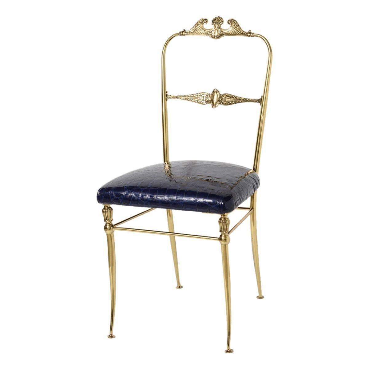 Chiavari Brass Side Chair in Navy Blue Italian Patent Leather Pattern Alligator