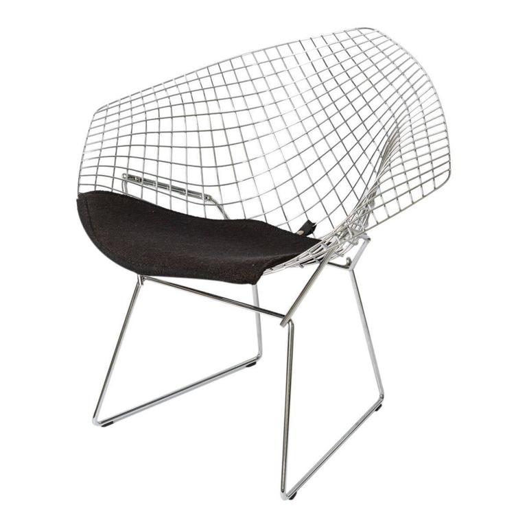 Bertoria ,"Diamond Chair" in Polished Chrome with Black Upholstery For