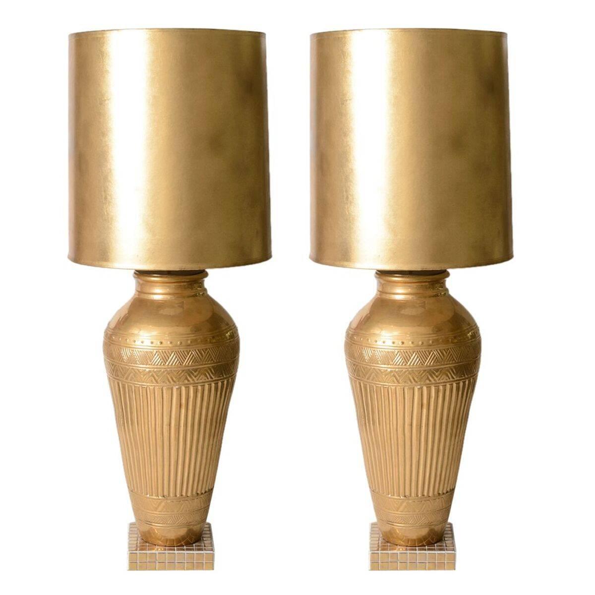 Pair of Hollywood Regency Style Table Lamps with Ron Dier Gold Ceramic Vases