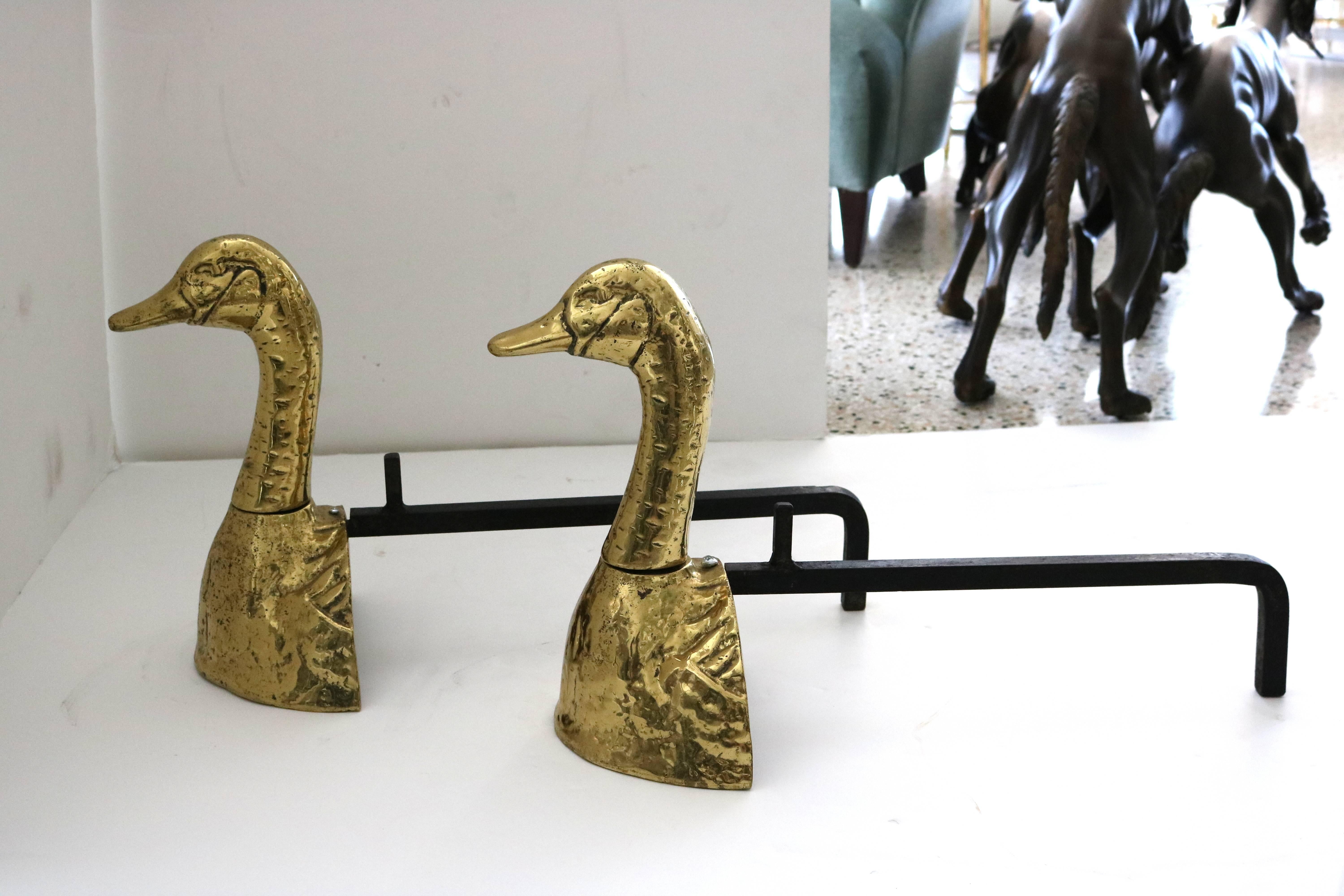 American Set of Cast Brass Andirons in Mallard Duck Form