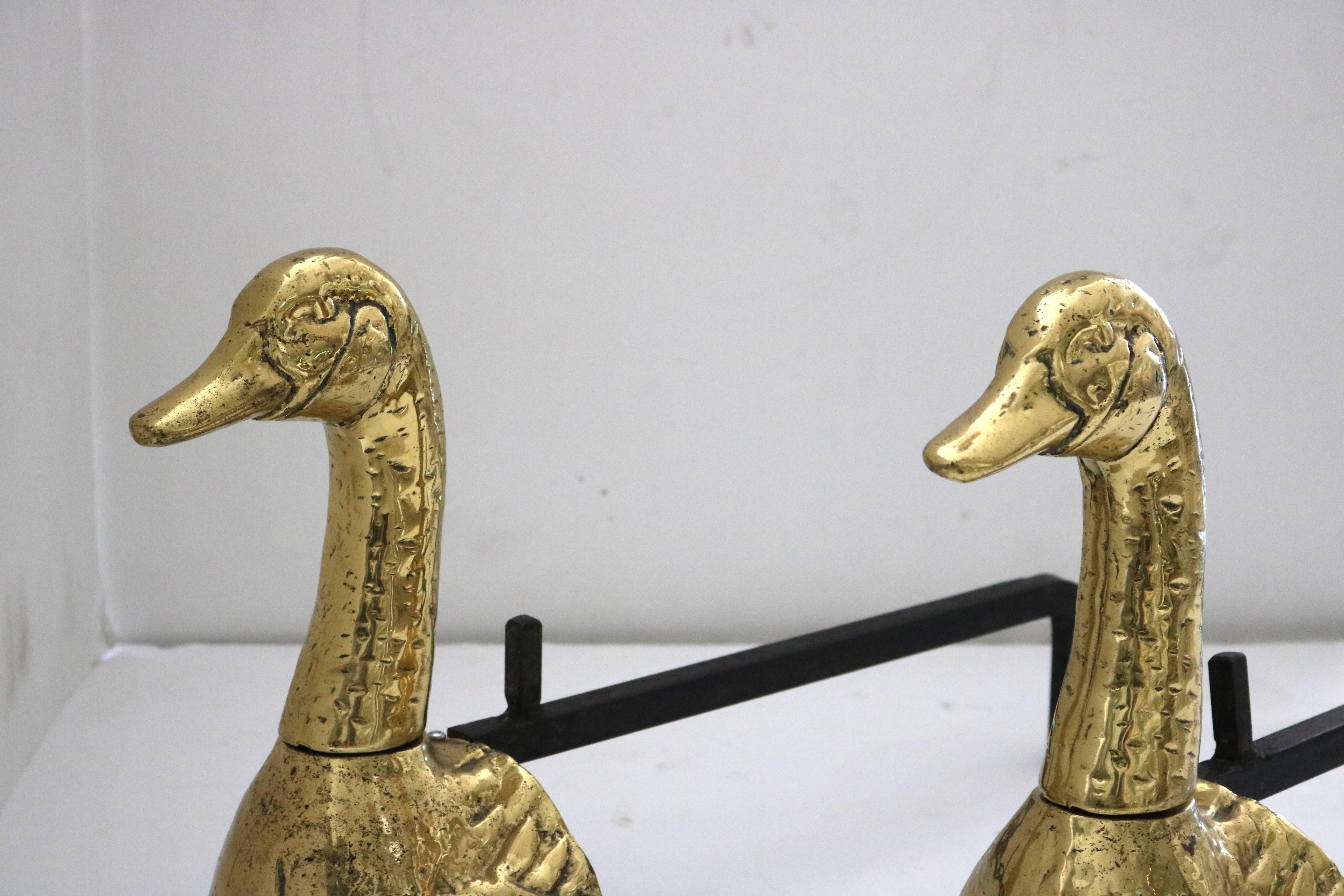 20th Century Set of Cast Brass Andirons in Mallard Duck Form