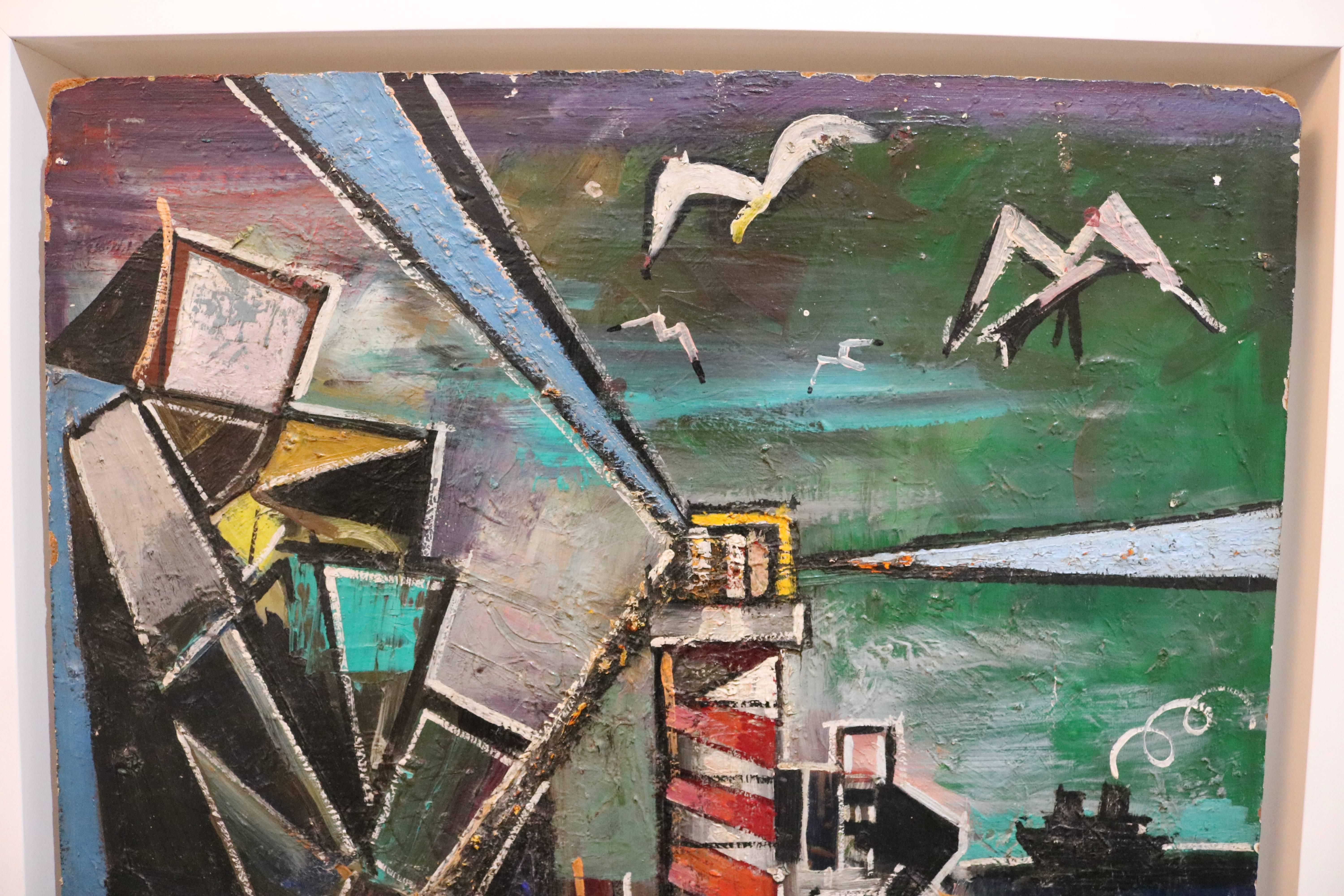 This colorful acrylic on board painting dates from the early part of the 20th century and has elements of the Art Deco and Cubist period. Here the painter Hendricks has captured the movement and natural rhythm of the open sea and harbour. 

Note: