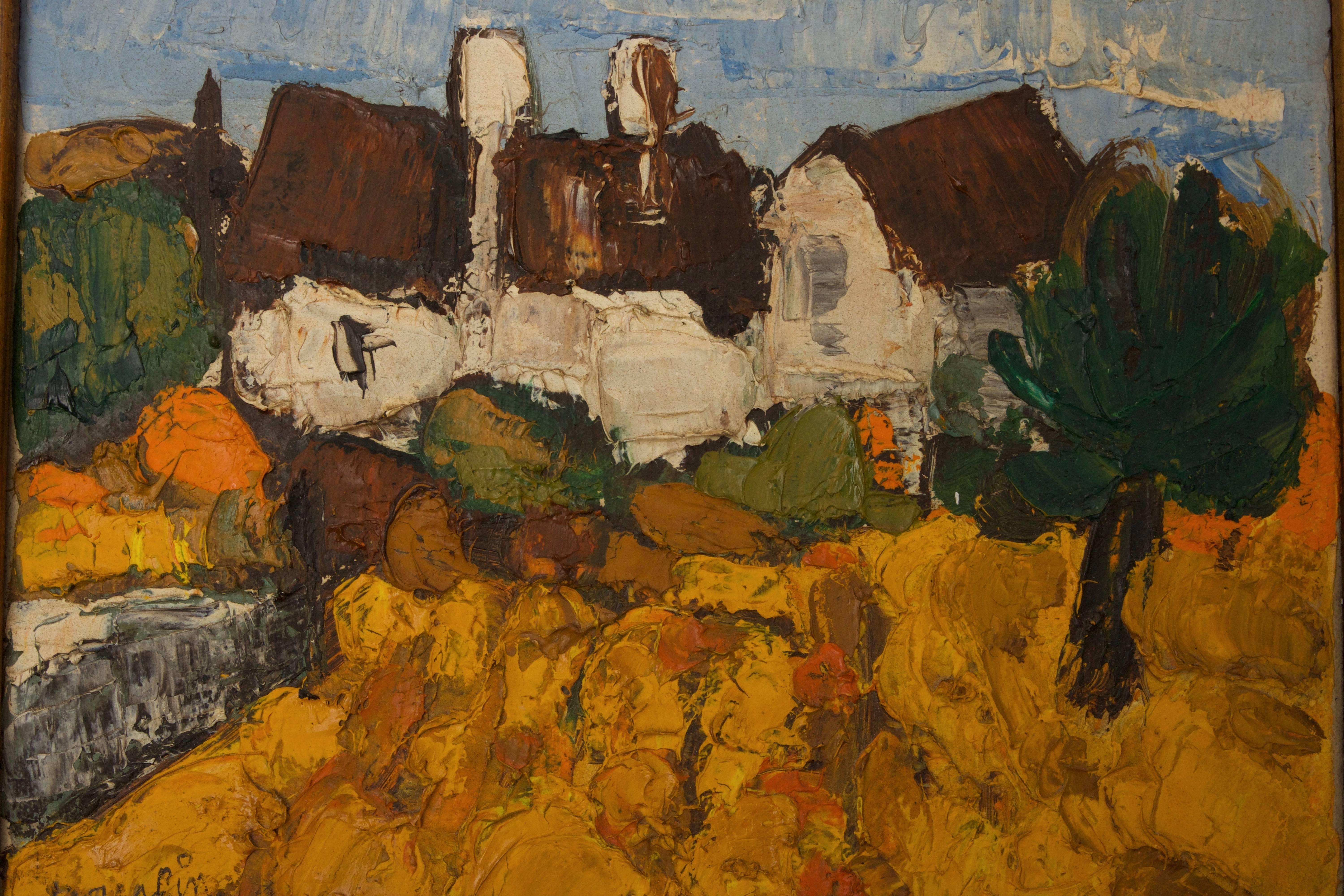 This French impressionist painting dates from the mid-20th century and is by the artist Jacques Daufin. Here Daufin has used an impasto technique in Autumn colors which the antique gold-tone frame compliments quite well.

Note: Provenance Ashely