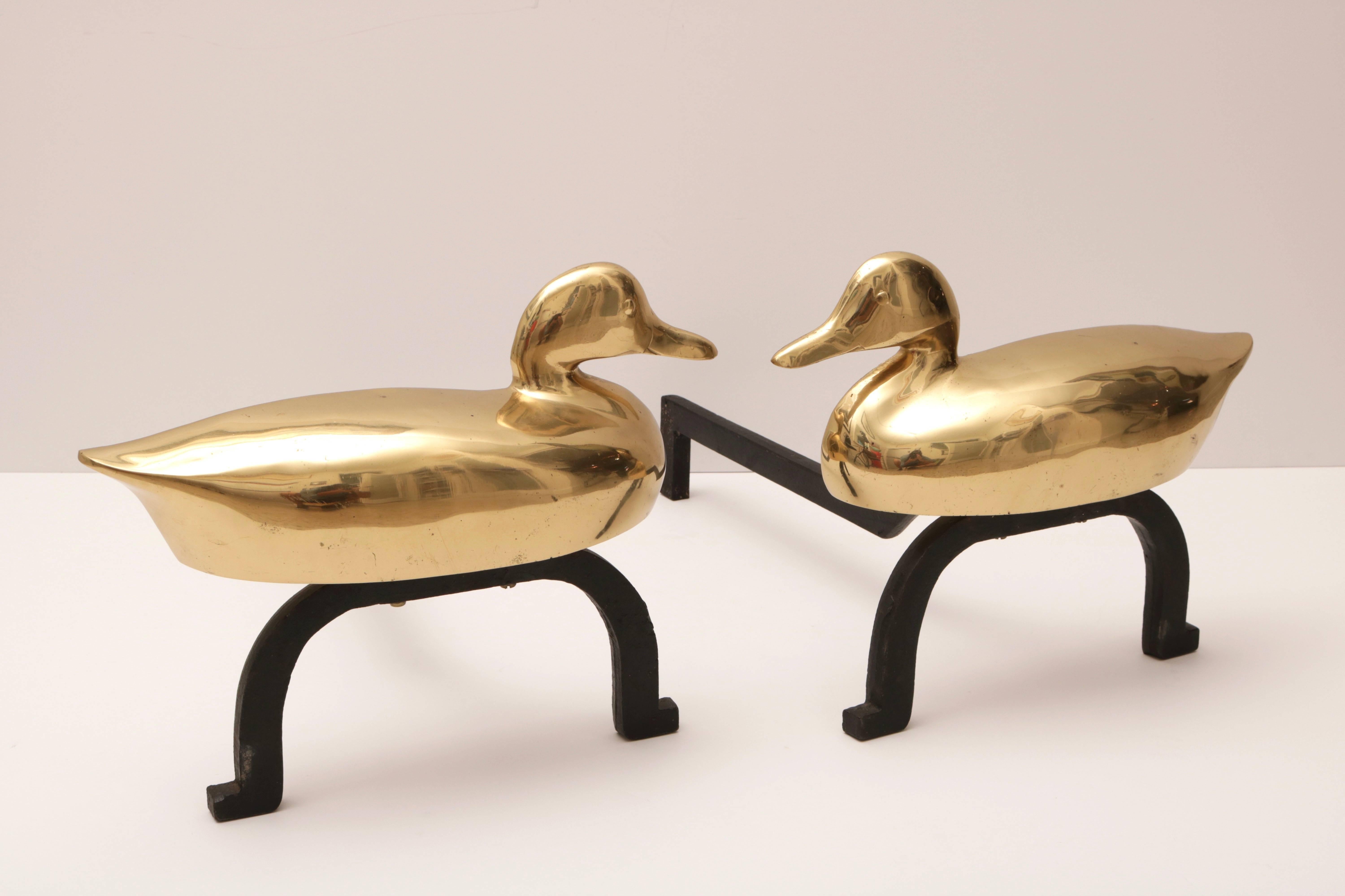 American Fireplace Andirons in the Form of a Mallard Duck Silhouette in Polished Brass