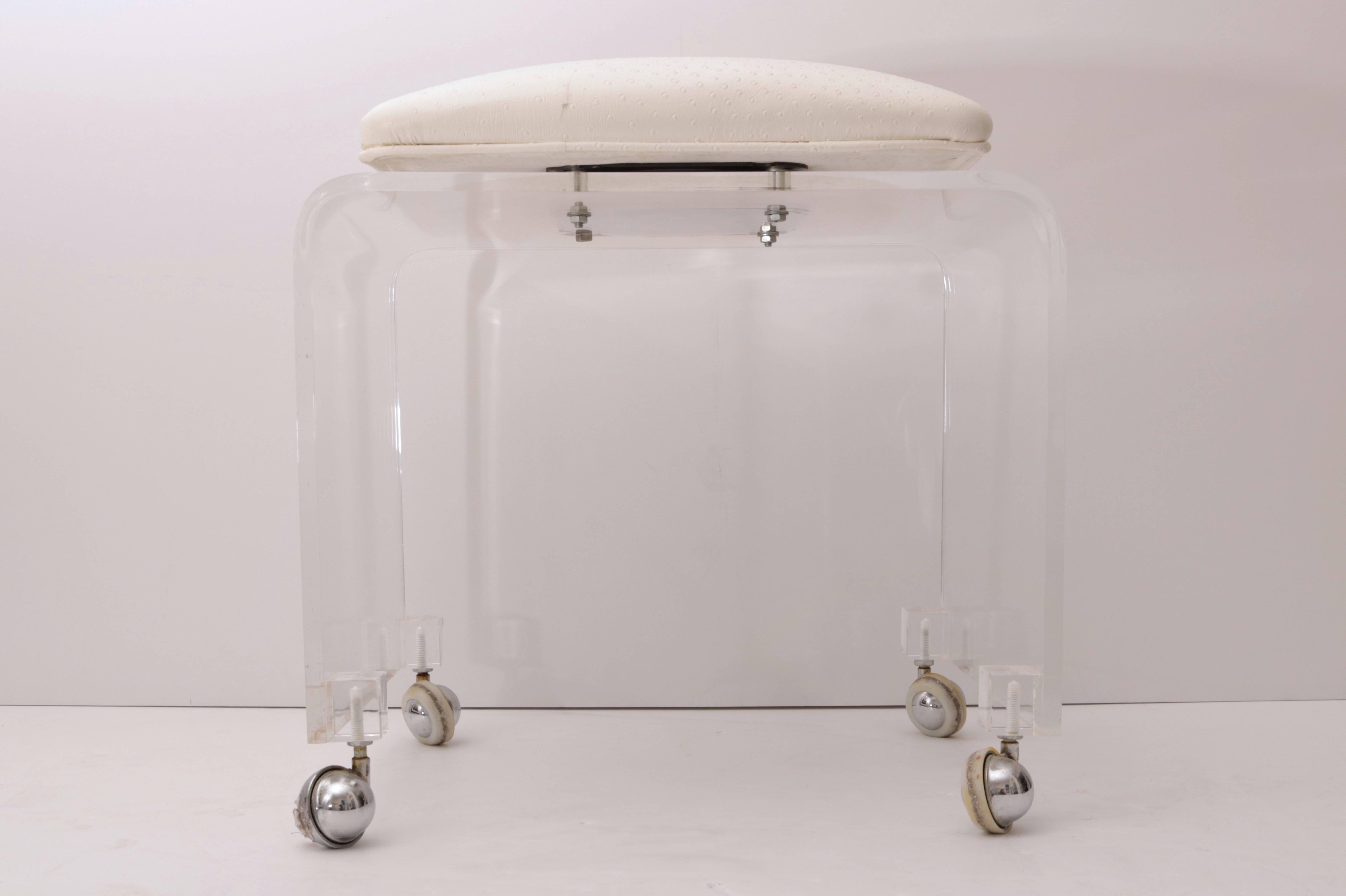 20th Century Lucite Vanity Stool, Swivel Seat Upholstered in Ostrich Pattern Fabric