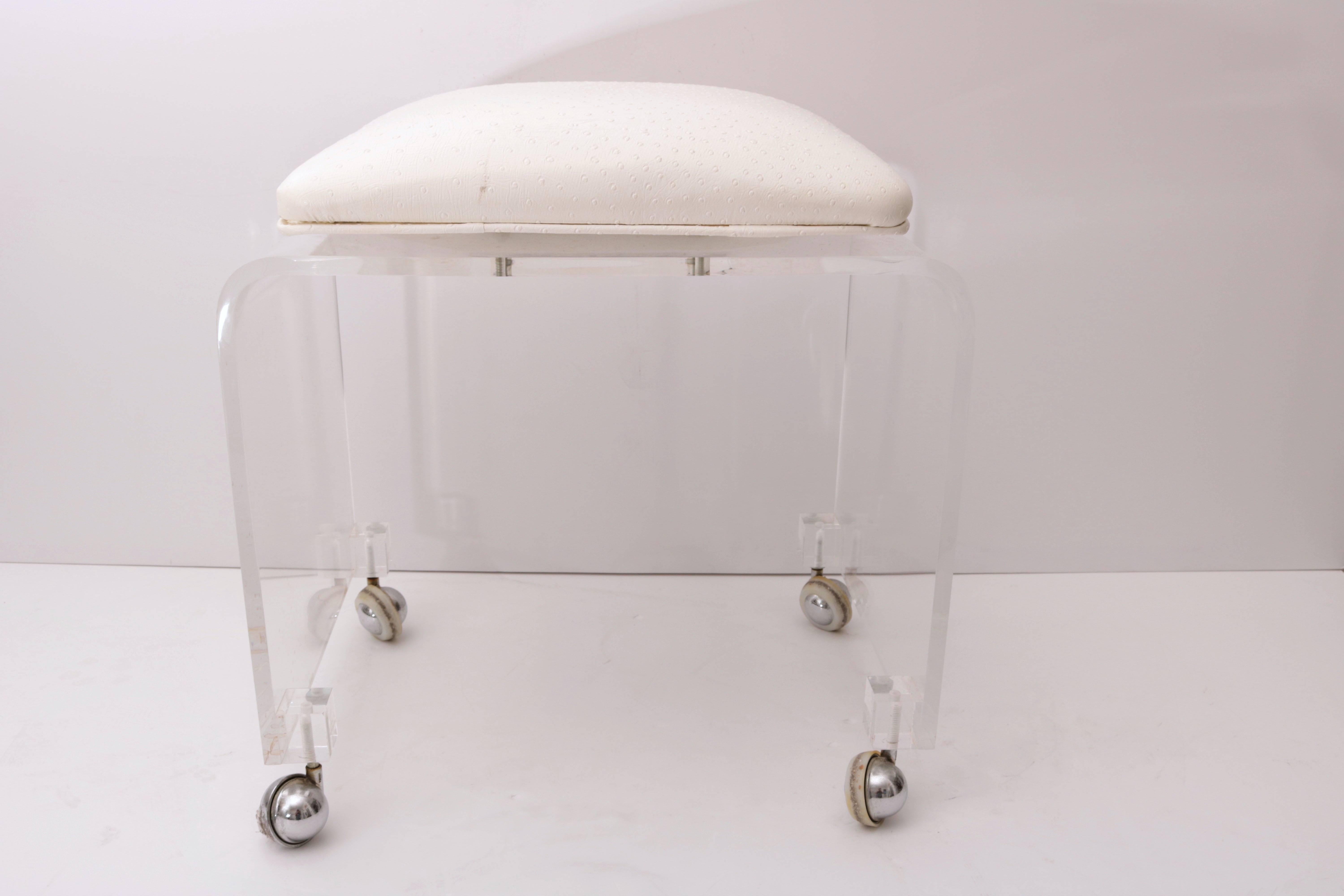 Acrylic Lucite Vanity Stool, Swivel Seat Upholstered in Ostrich Pattern Fabric