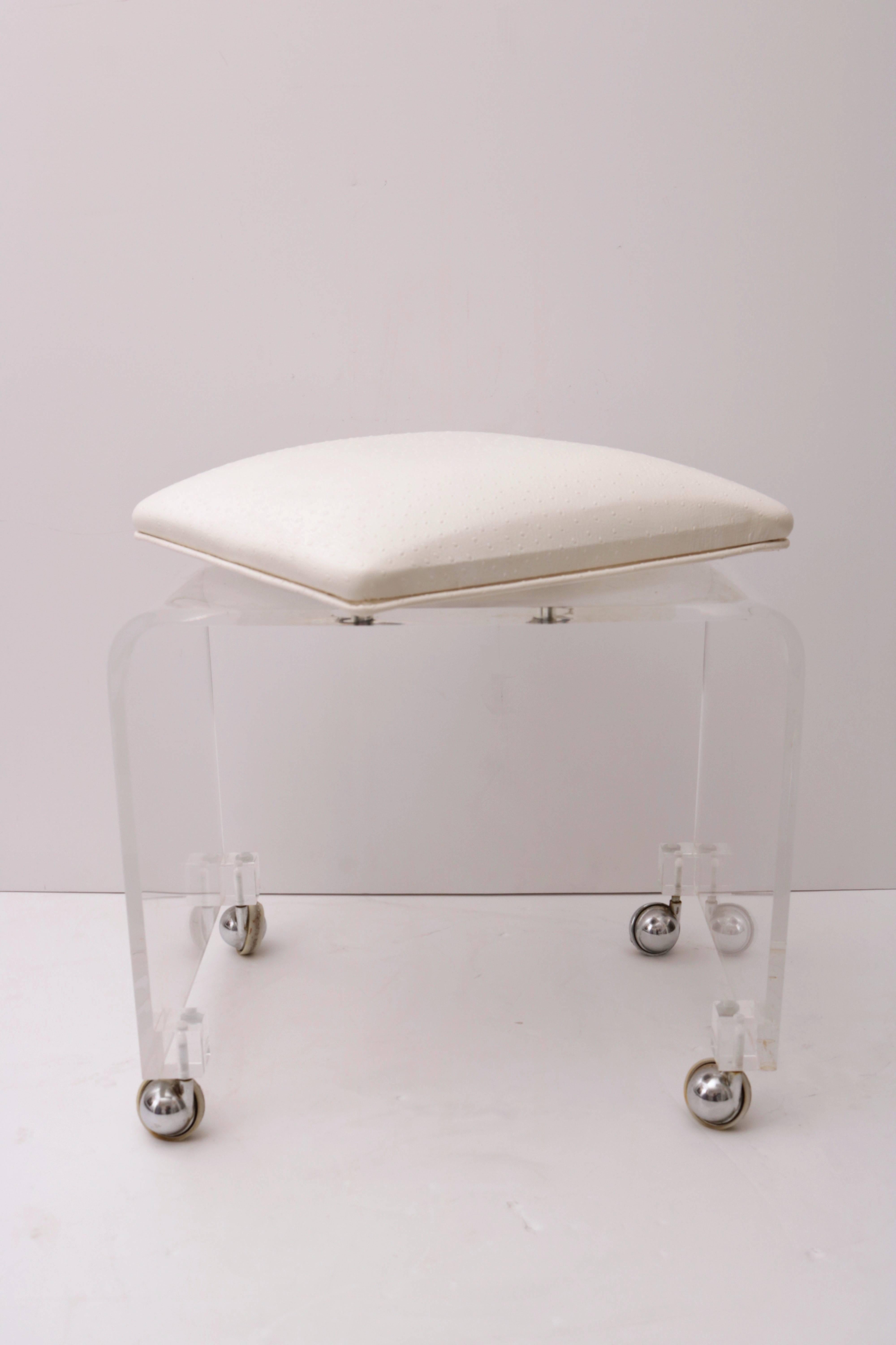 Mid-Century Modern Lucite Vanity Stool, Swivel Seat Upholstered in Ostrich Pattern Fabric