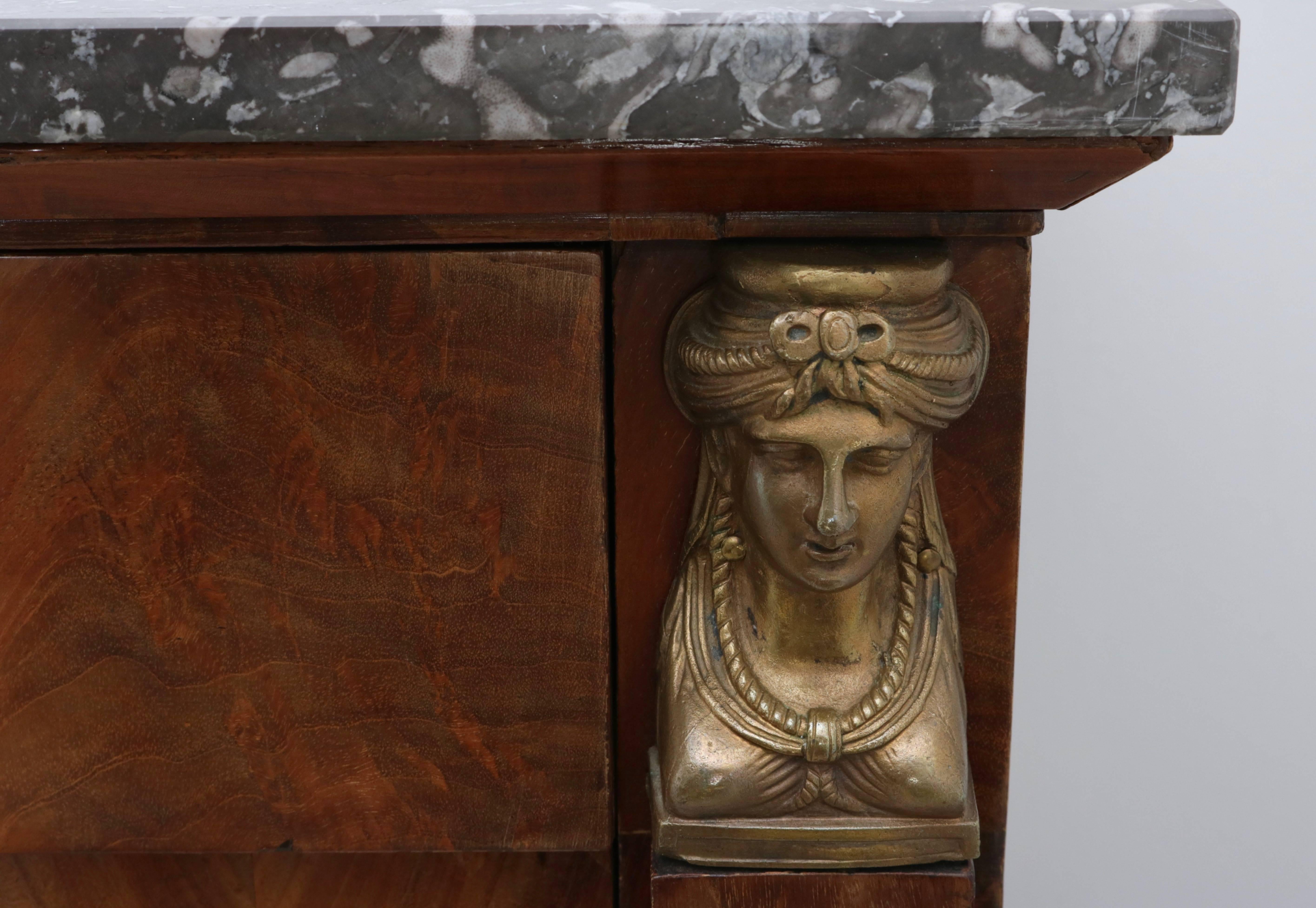 18th Century French Empire Chest of Drawers in Flame Mahogany and Marble, circa 1820s