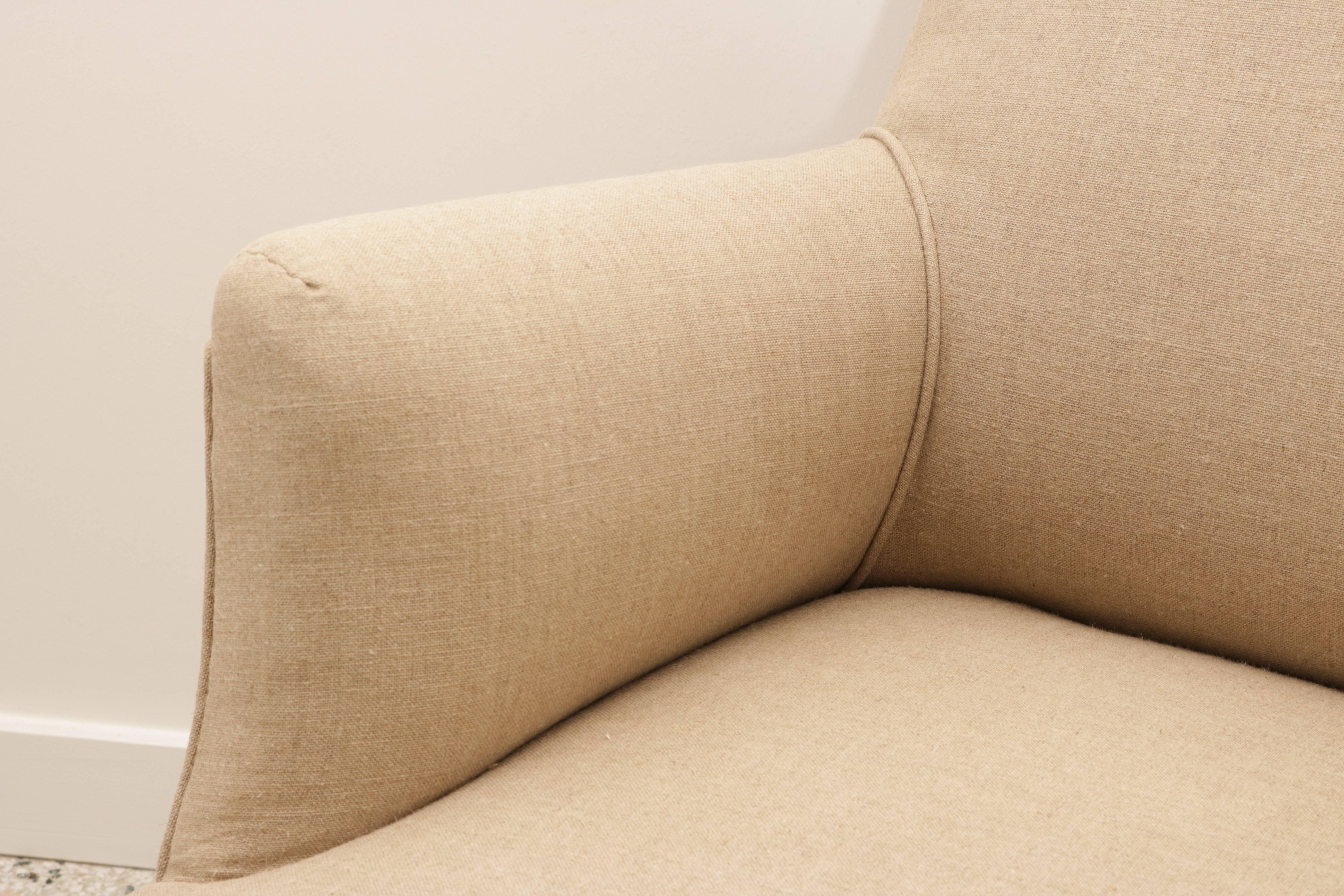 French Pair of Napoleon III Upholstered Lounge Chairs in a Tan Linen Fabric