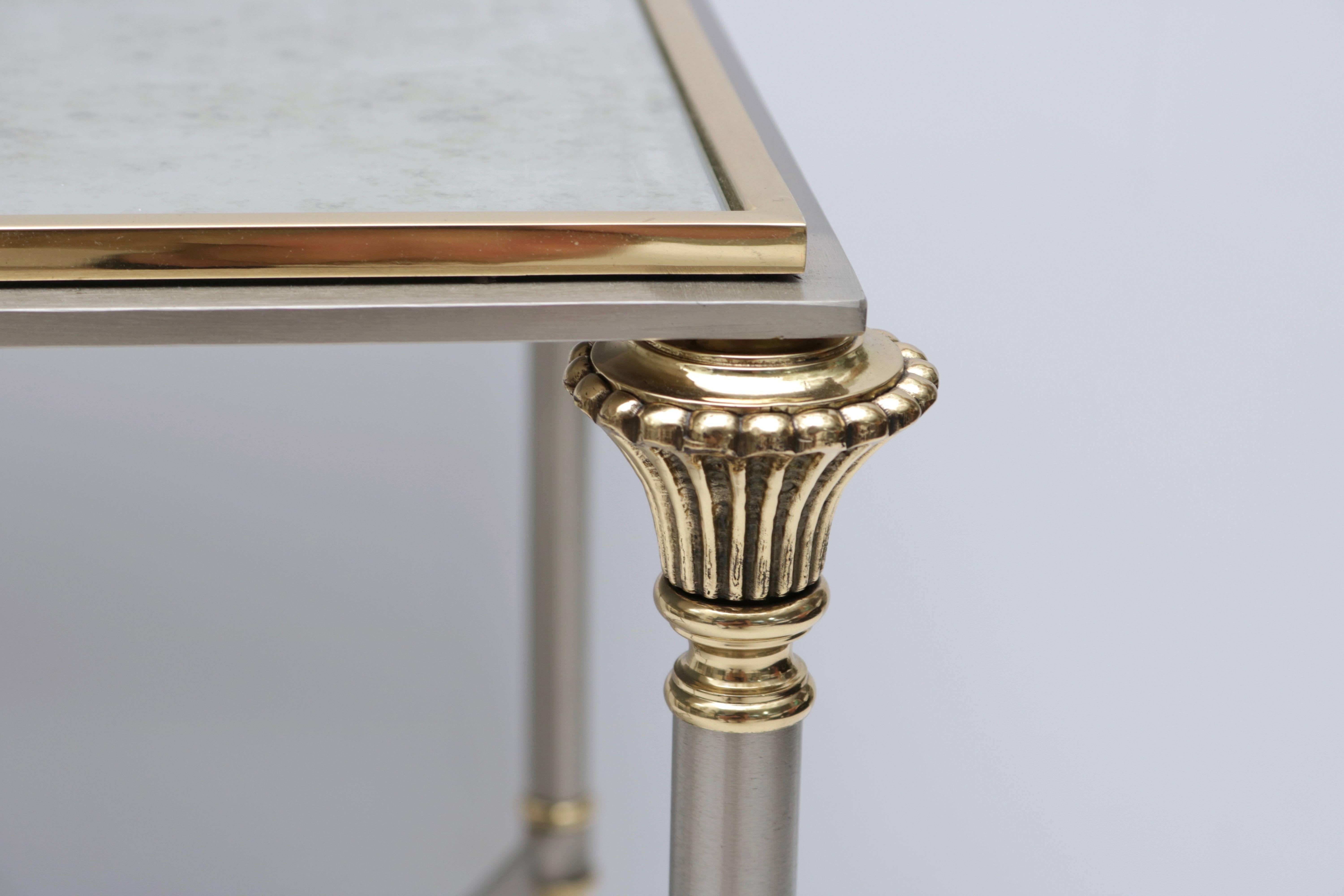 Polished  Side Table in Brass, Satin Steel and Antiqued Mirror For Sale