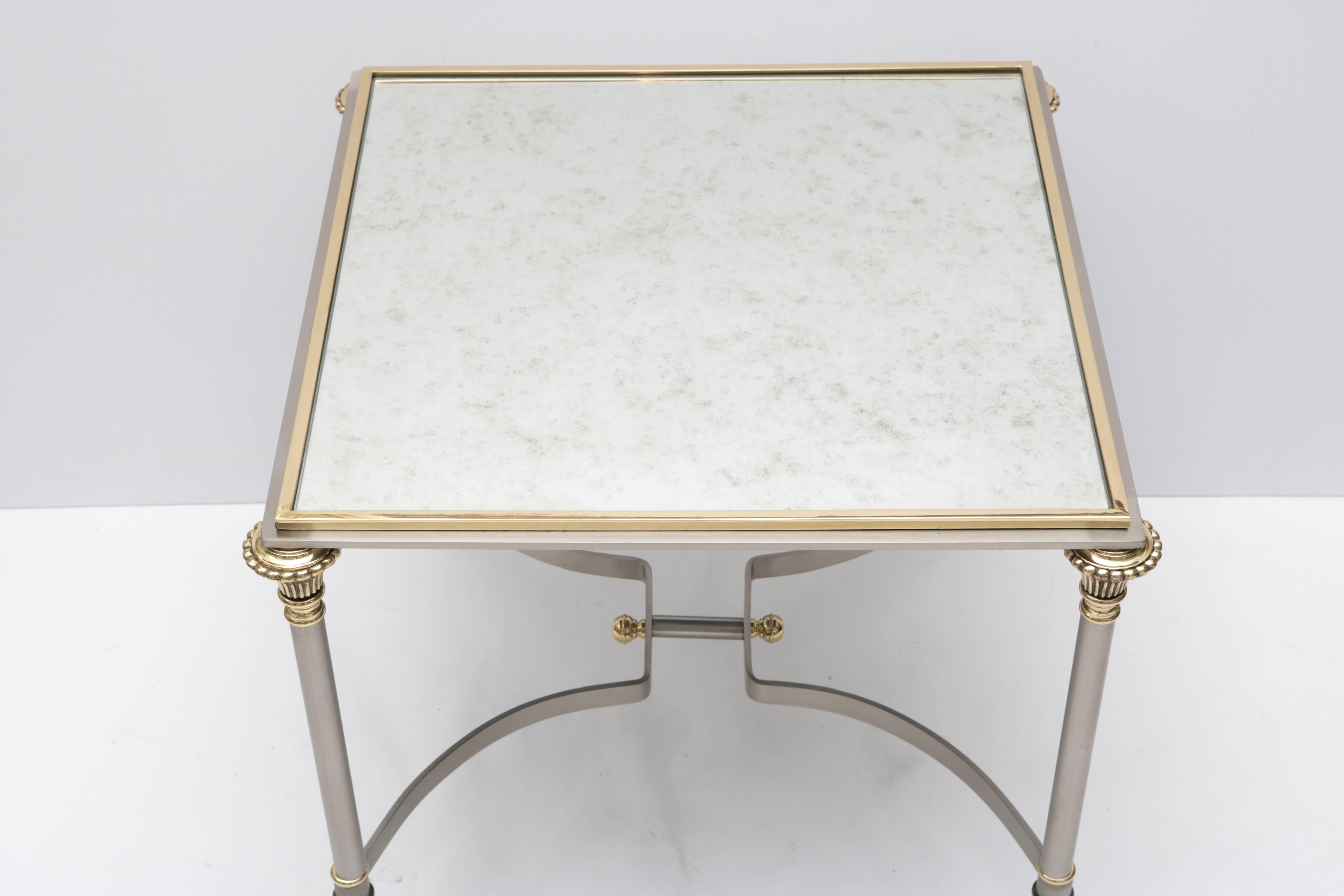 Hollywood Regency  Side Table in Brass, Satin Steel and Antiqued Mirror For Sale