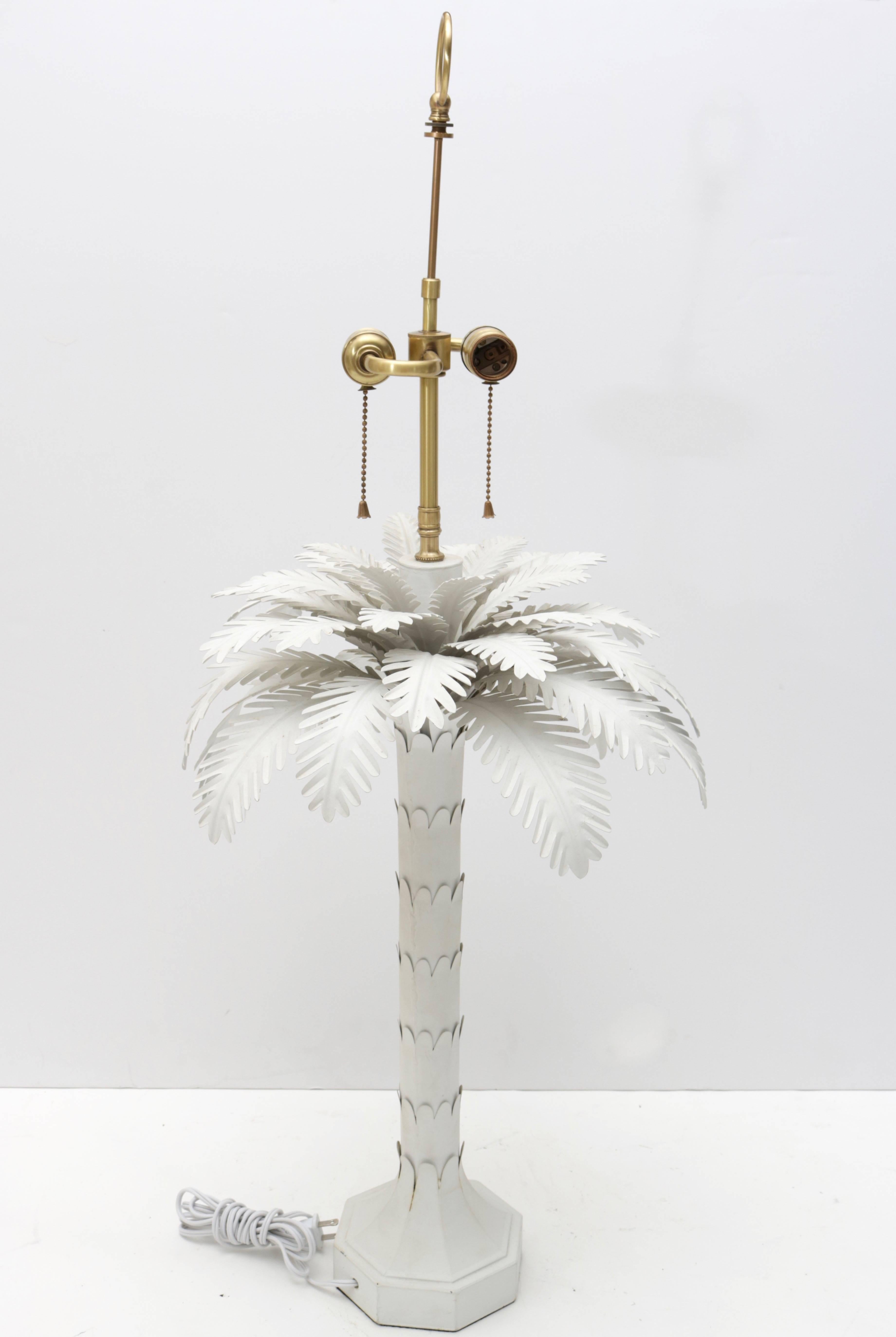Hand-Painted Pair of Hollywood Regency Style, White, Tole, Palm Tree Table Lamps