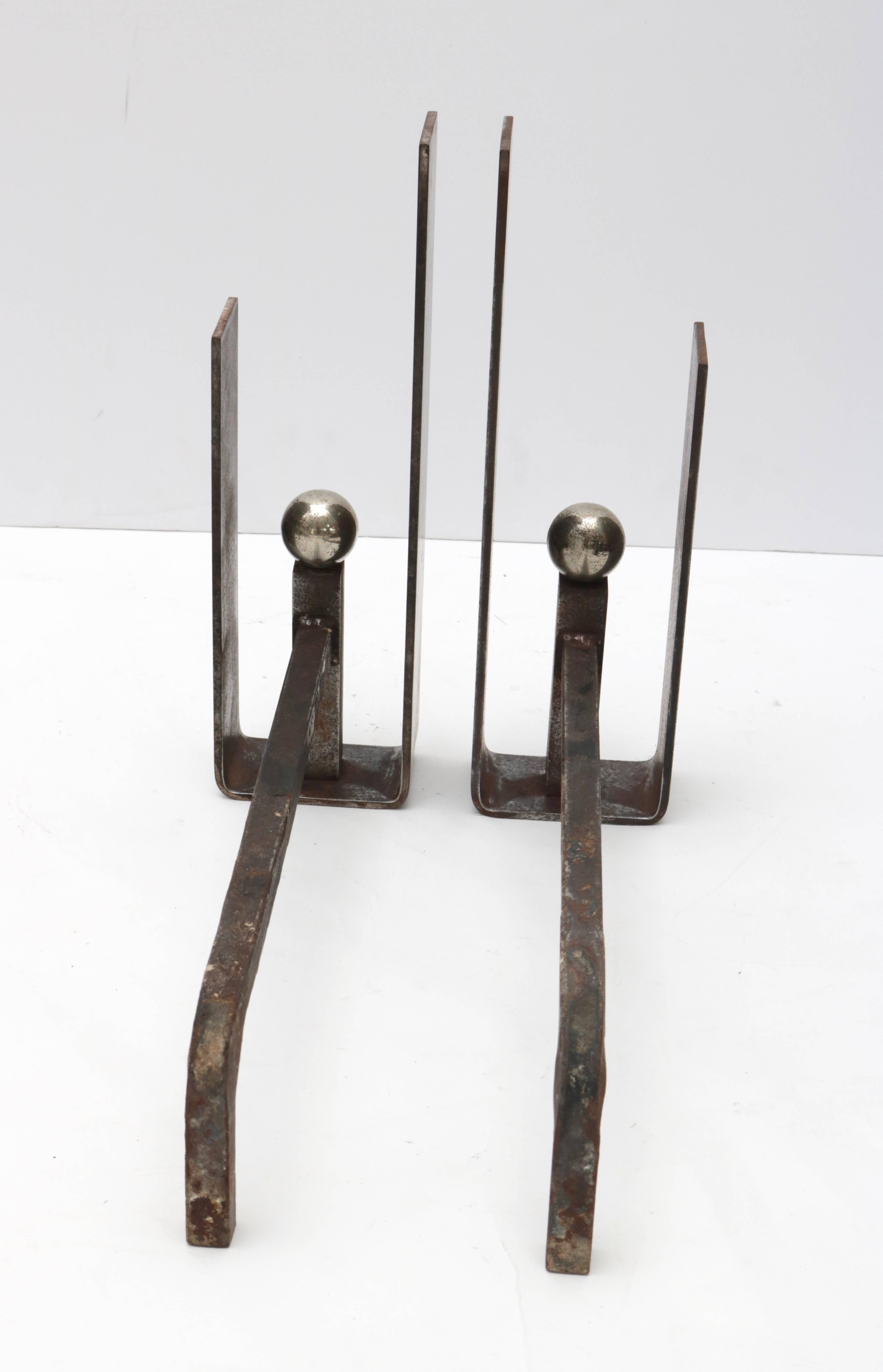 Chrome Set of Fire Place Andirons by Jacques Adnet, France, 1940s