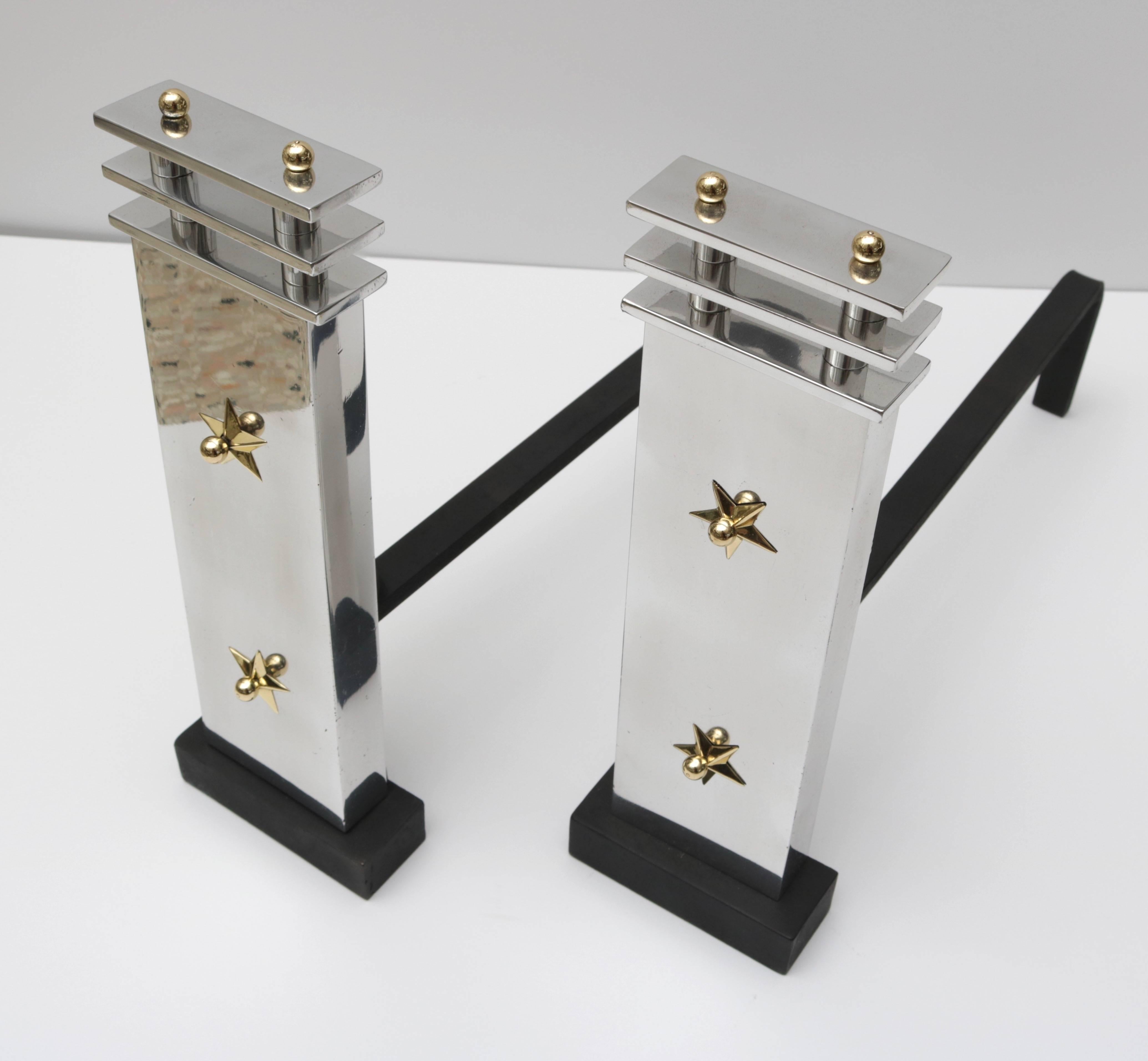 Set of American Art Deco Fire Place Andirons in Aluminum and Brass 2