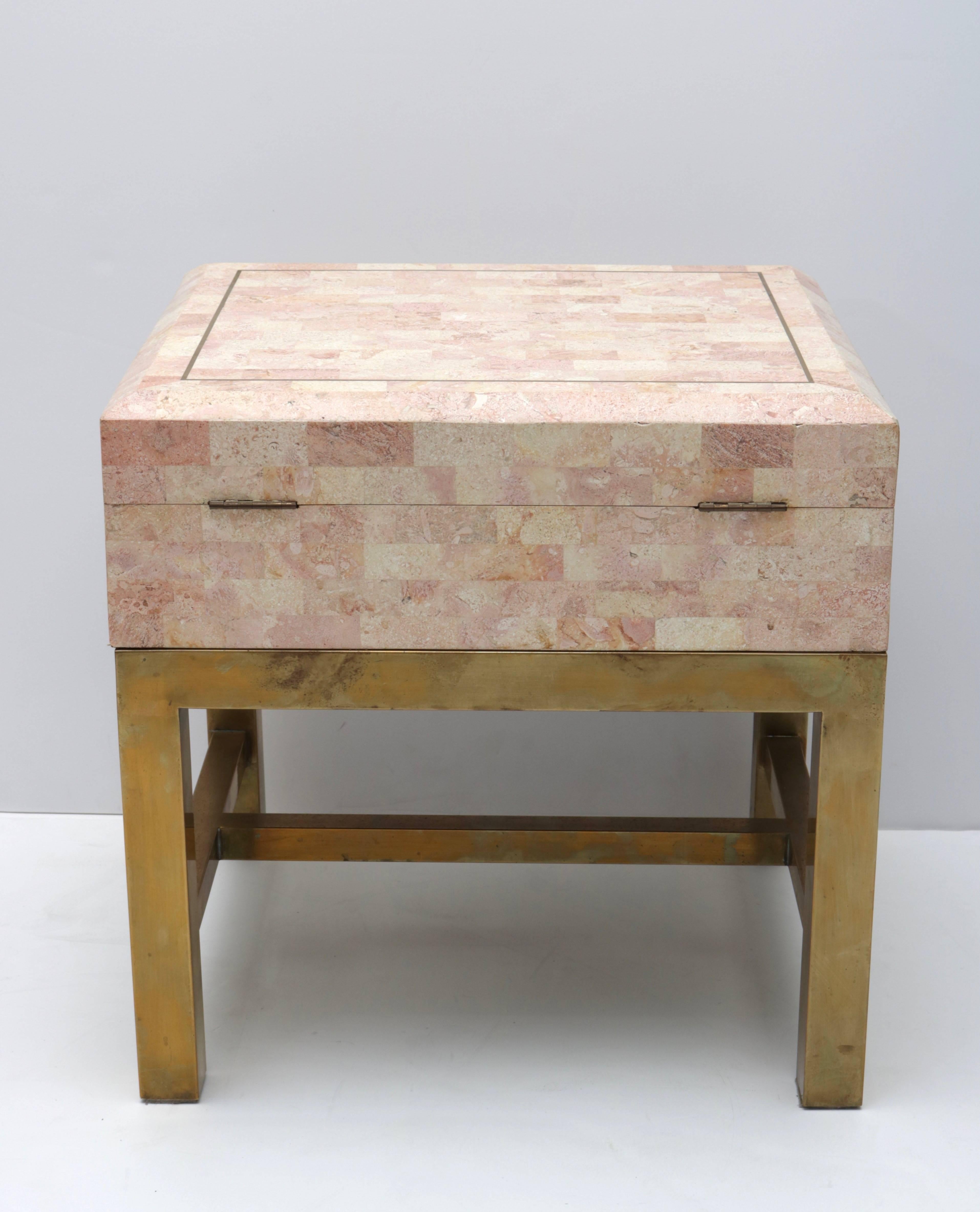 Maitland Smith Style Tessellated Marble Box on Brass Stand Side Table 1