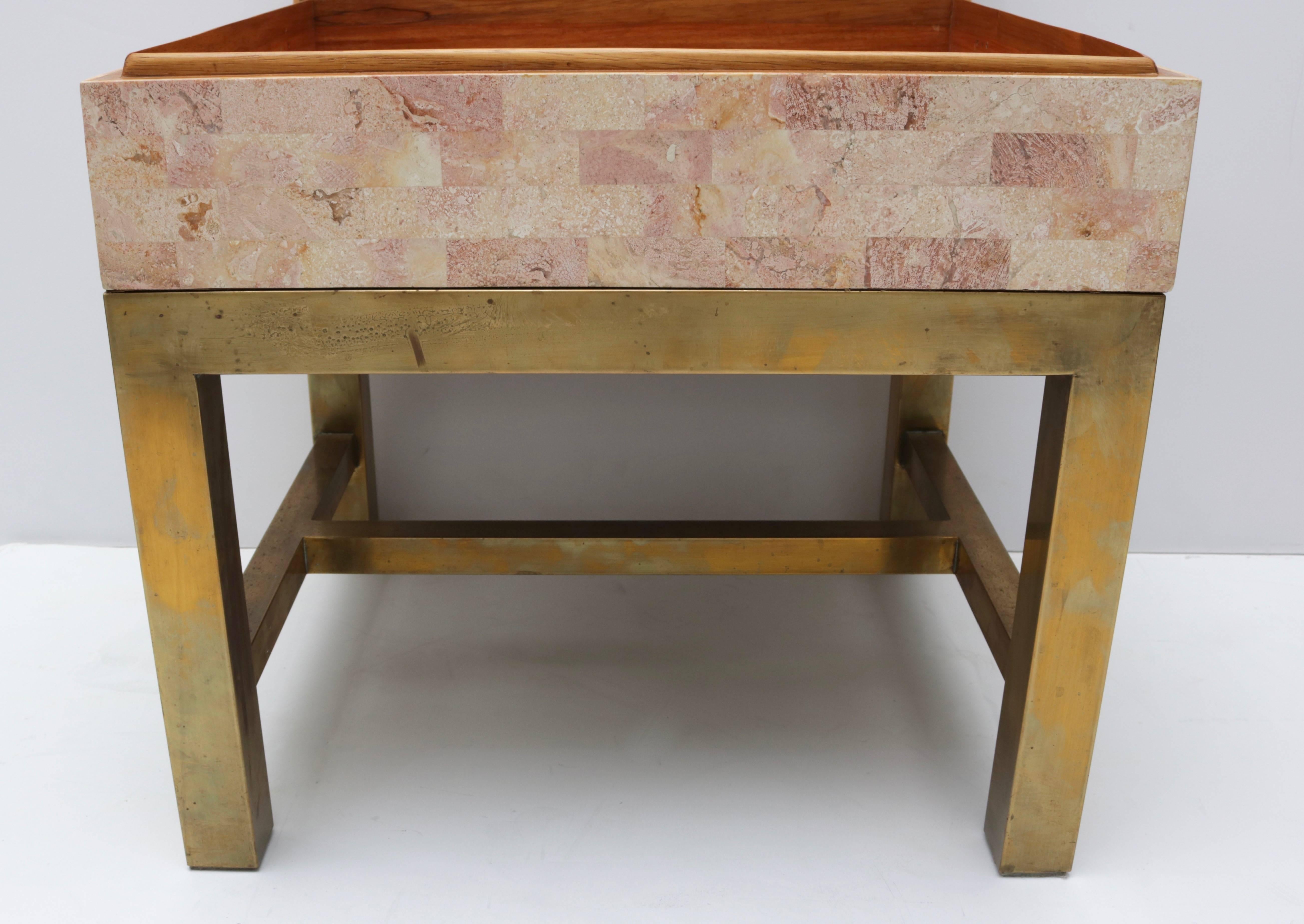 Maitland Smith Style Tessellated Marble Box on Brass Stand Side Table 2