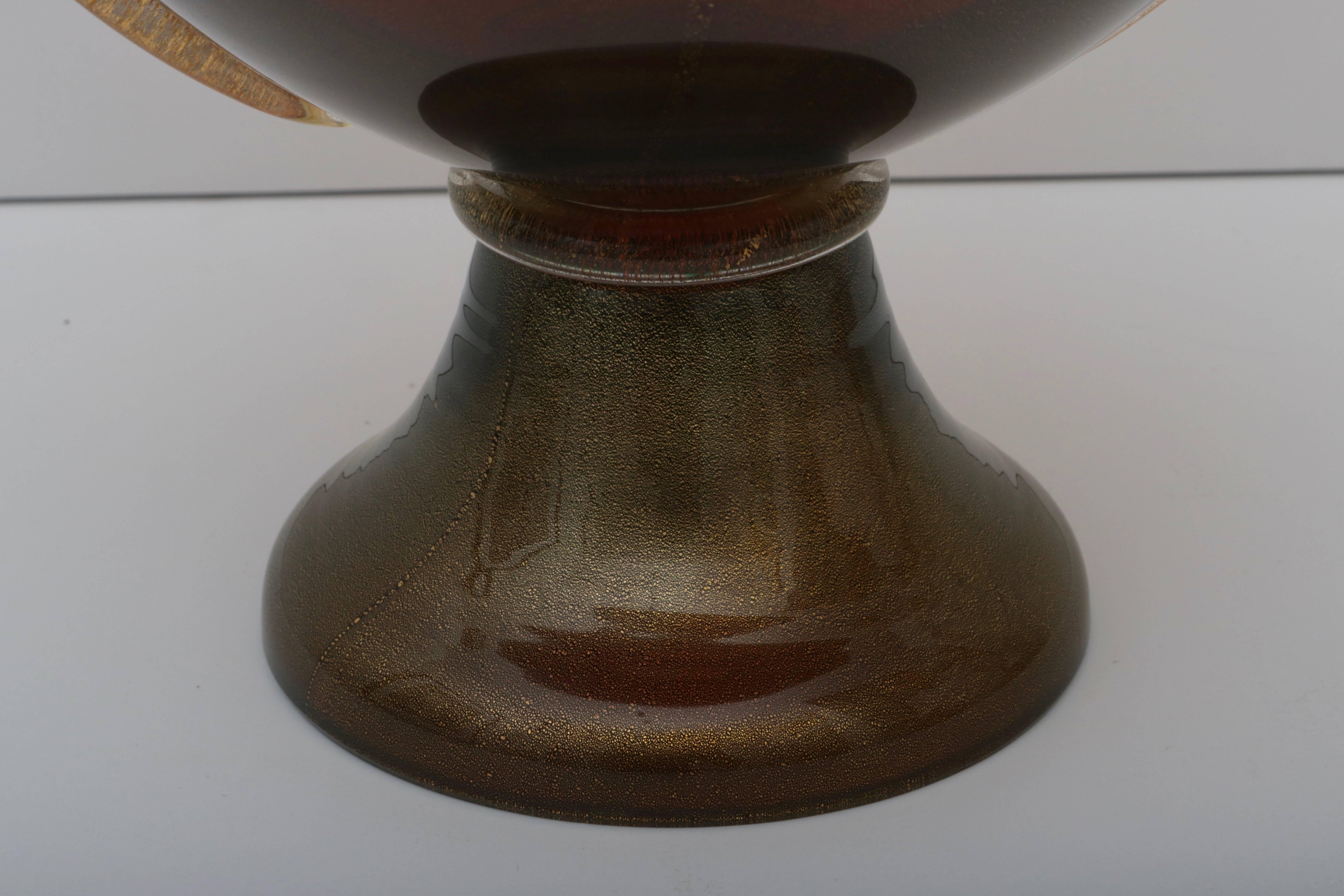 20th Century Murano Glass Vase on Truncated-Cone Base, Cognac and Gold Coloration For Sale