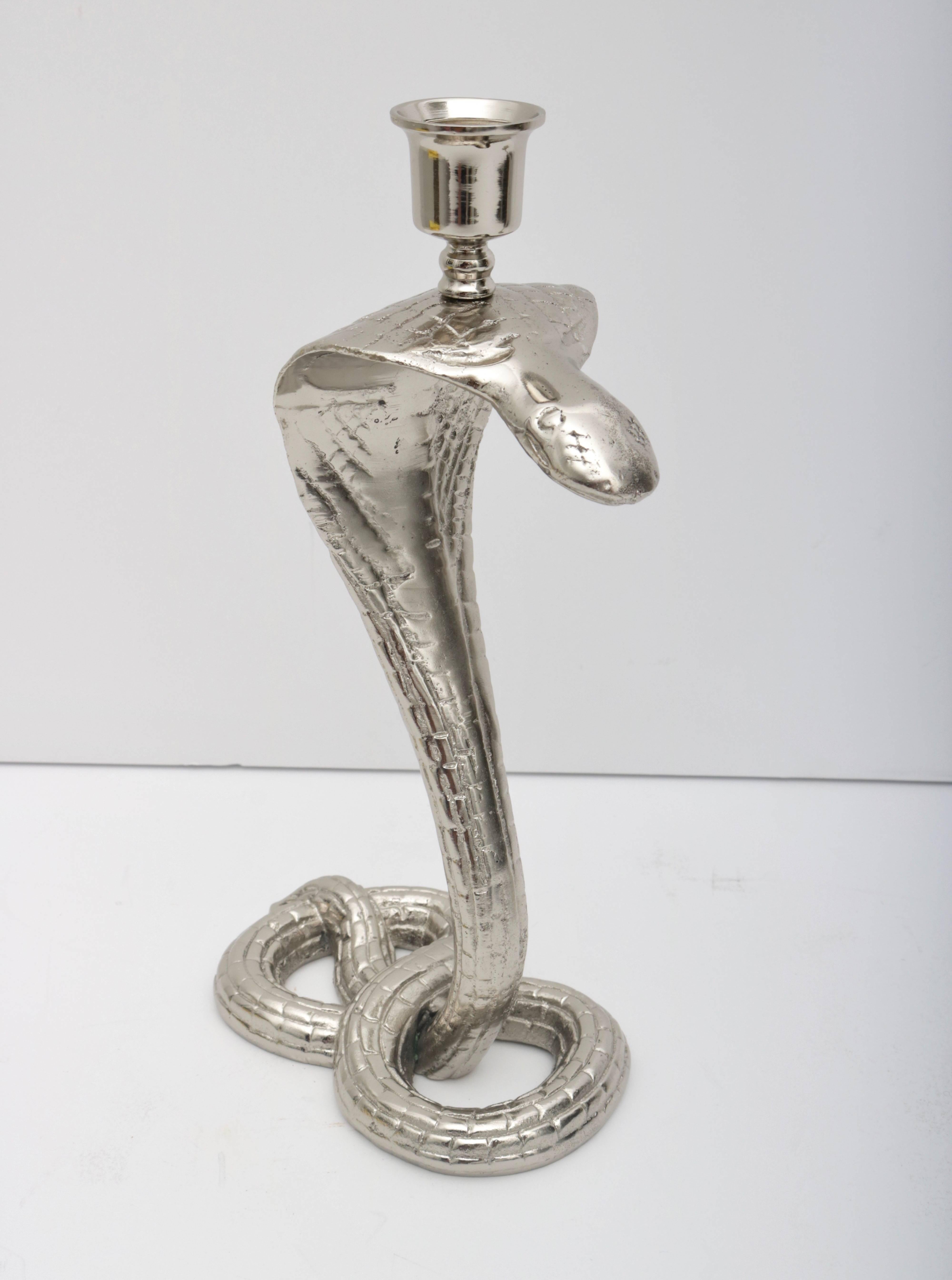 20th Century Pair of Egyptian Revival Nickle-Plated Cobra-Form Candleholders For Sale