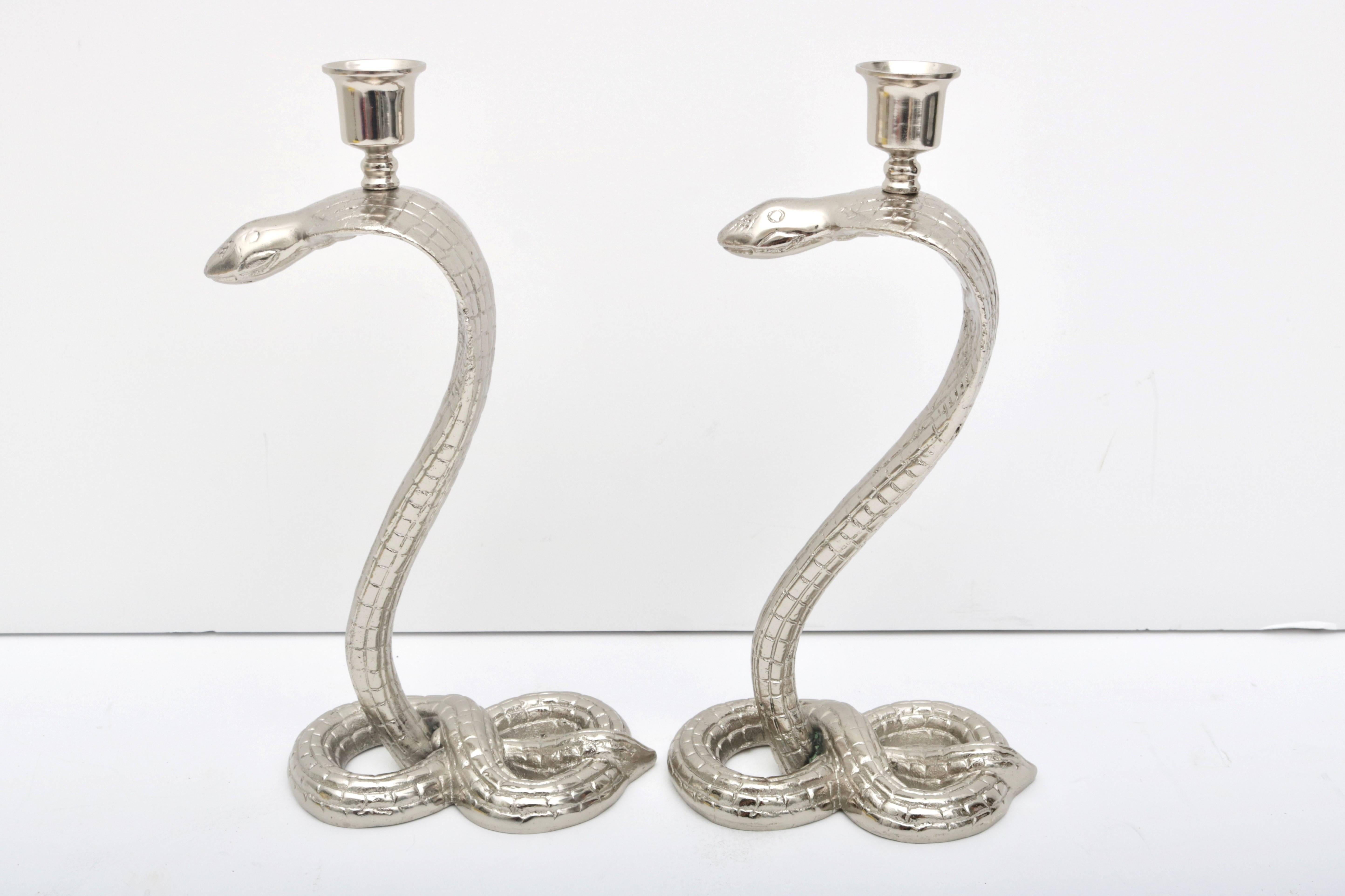Pair of Egyptian Revival Nickle-Plated Cobra-Form Candleholders In Good Condition For Sale In West Palm Beach, FL