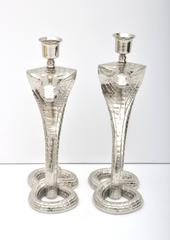 Pair of Egyptian Revival Nickle-Plated Cobra-Form Candleholders